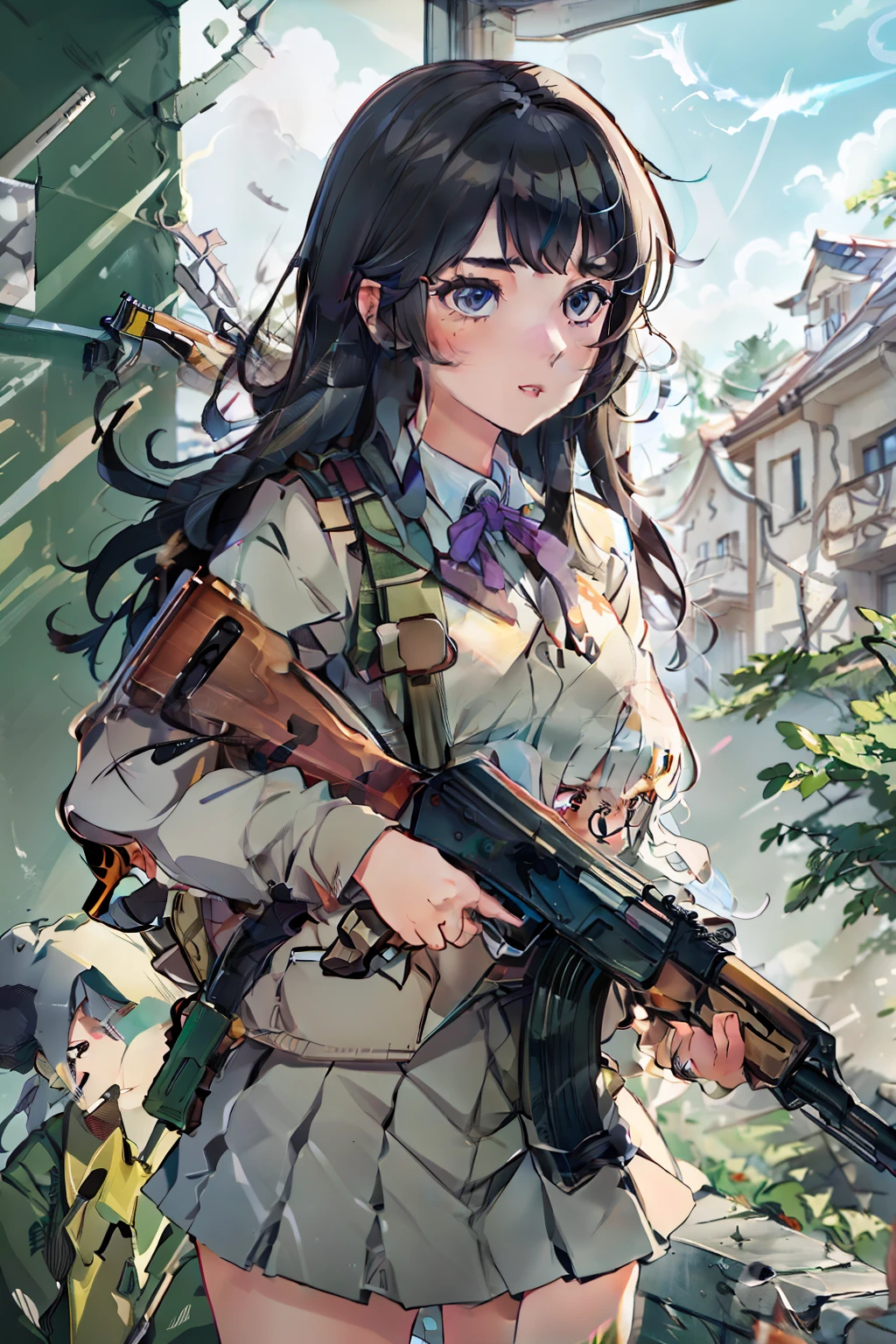 masterpiece, best quality, high resolution, extremely detailed CG, 1girl, school uniform, holding gun, ak-47, akm, assault rifle, kalashnikov rifle, (aiming:1.2), finger on trigger,