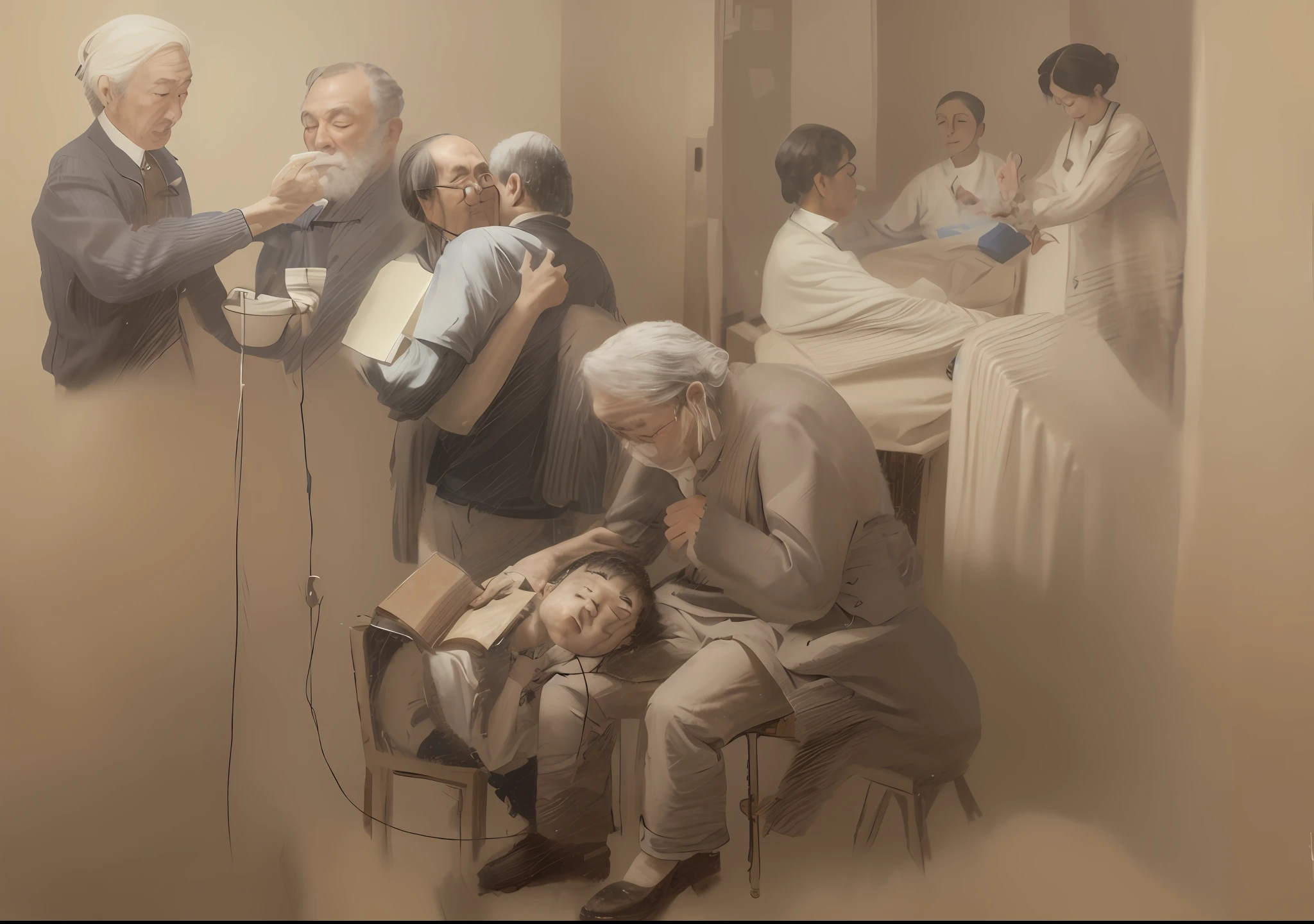 The painting consists of four sets of emotions。1.The doctor reads stories to the child who is receiving the infusion,The child fell asleep leaning on the doctor's lap。2.During the pandemic, The doctor takes meticulous care and care for the elderly,The real scene of the old man holding the doctor after being discharged。3.Scene of a doctor feeding a patient。4.Scene of a doctor presenting flowers to a patient who is about to be discharged。Character dynamics and harmonious adjustment,Impeccable,The content is clearer,More reasonable,Picture adjustment,The light source is uniform and clear,Classical oil painting,perfect works,Works of masters,oil painted,Oil on canva,Enrich the picture,photorealisti,Verism,The characters are dynamic perfect,The details are perfect,more clearly、More reasonable,The expressions of the characters are more perfect,and harmonious,Adjust dynamics,Content rational,Clear details,realisticlying,Realistis,The characters are clearer before,explict,The underlying dynamics do not change,Rich content,photorealestic,