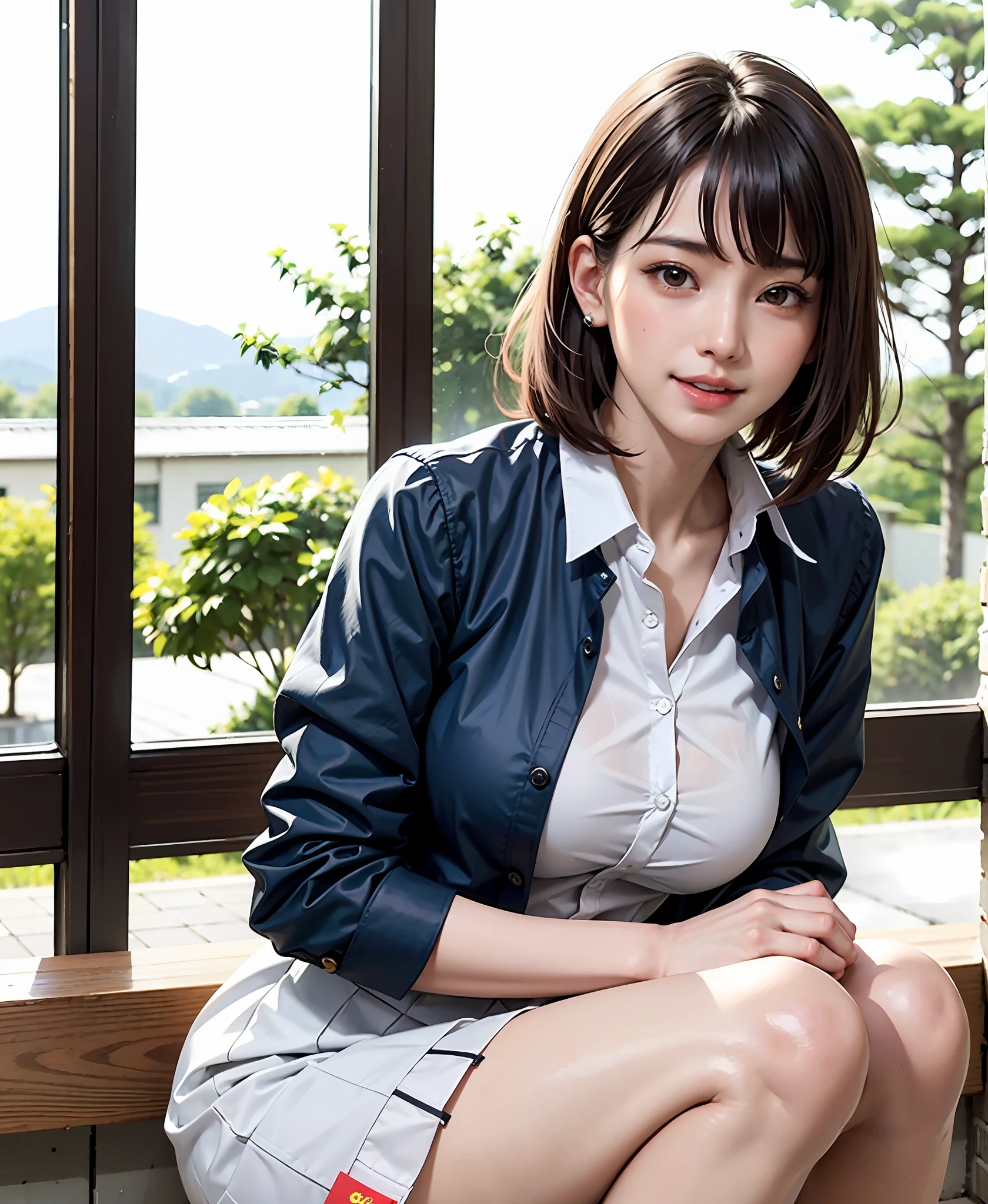 (masterpiece、top-quality:1.2、high-detail), Surreal High School Girl, 独奏, 1girl in, Yukinoshita Yukino, (shinny skin、wetted skin:1.2), Wearing sweat, I'm smiling really happily, Watch your audience carefully, all-fours, 校服, white shirt, plaid skirts, thighs thighs thighs thighs, PM, Classroom Surreal High School Girl、Very tall woman、short hair with clean bangs of 46 points,,,、the neck is long、Put your ears out、Arms out、large full breasts、Distinct double eyelids、big eye、a pretty pretty face with golden proportions,、The beauty of the golden ratio、Perfect Anatomy、Perfect and detailed body、Keep your mouth shut、Smile really happily、Arms out、Roll up your sleeves