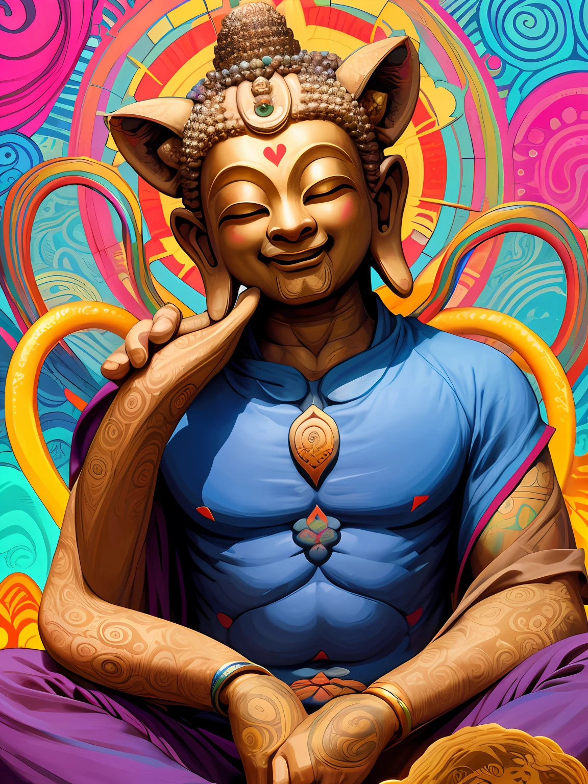 For example, Buddha was a man who loved to laugh,Lots of spiral fossa on the head,The heart melted,Psychedelic color traces,Add_detail