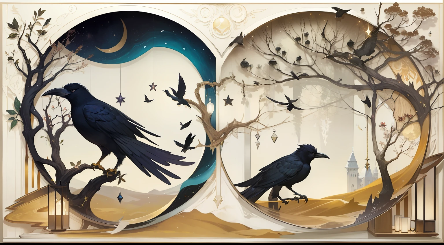 In the mysterious night forest、In the light of the moon、Create fantasy art depicting beautiful crows dancing gracefully。The wings of the crow are studded with stars、The sound of its wings is soaring in the sand of the hourglass.。The style is、Jean＝Abstract elements of Baptiste Mondrian and、Blend a fantastic atmosphere reminiscent of Andersen's fairy tales。