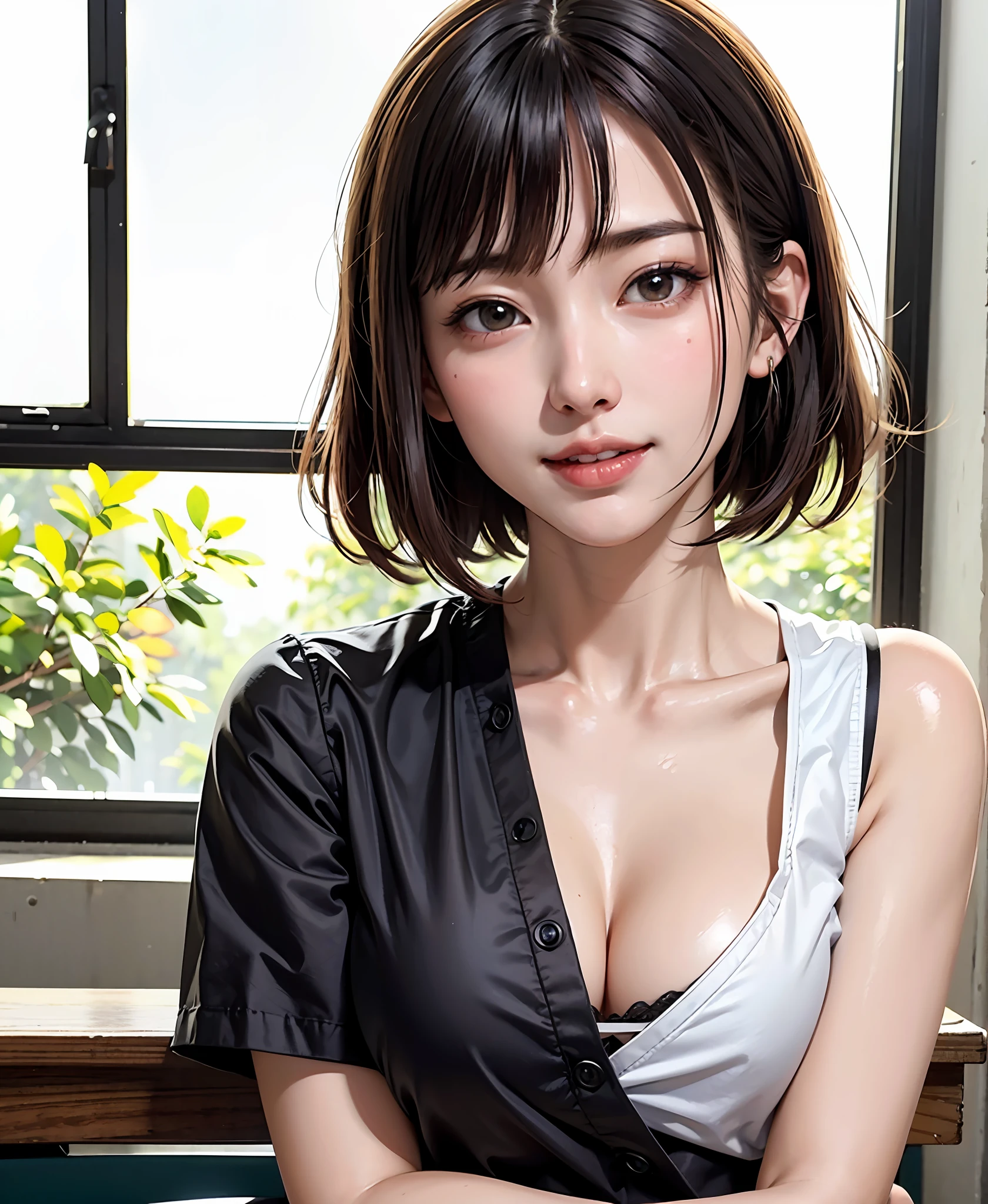 (masterpiece、top-quality:1.2、high-detail), Surreal High School Girl, 独奏, 1girl in, Yukinoshita Yukino, (shinny skin、wetted skin:1.2), Wearing sweat, I'm smiling really happily, Watch your audience carefully, all-fours, 校服, white shirt, plaid skirts, thighs thighs thighs thighs, PM, Classroom Surreal High School Girl、Very tall woman、short hair with clean bangs of 46 points,,,、the neck is long、Put your ears out、Arms out、large full breasts、Distinct double eyelids、big eye、a pretty pretty face with golden proportions,、The beauty of the golden ratio、Perfect Anatomy、Perfect and detailed body、Keep your mouth shut、Smile really happily、Arms out、Roll up your sleeves