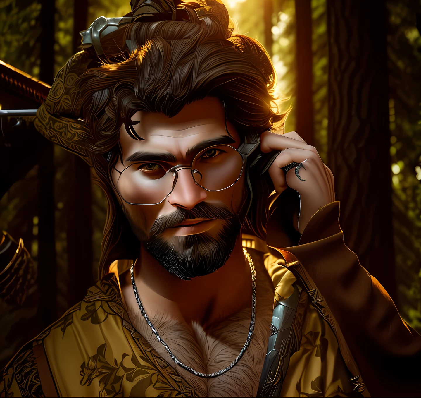 Man, long brown hair, bearded, medieval hunter, in the middle of a dense forest at night, hooded, medieval style, realistic, ultra detailed