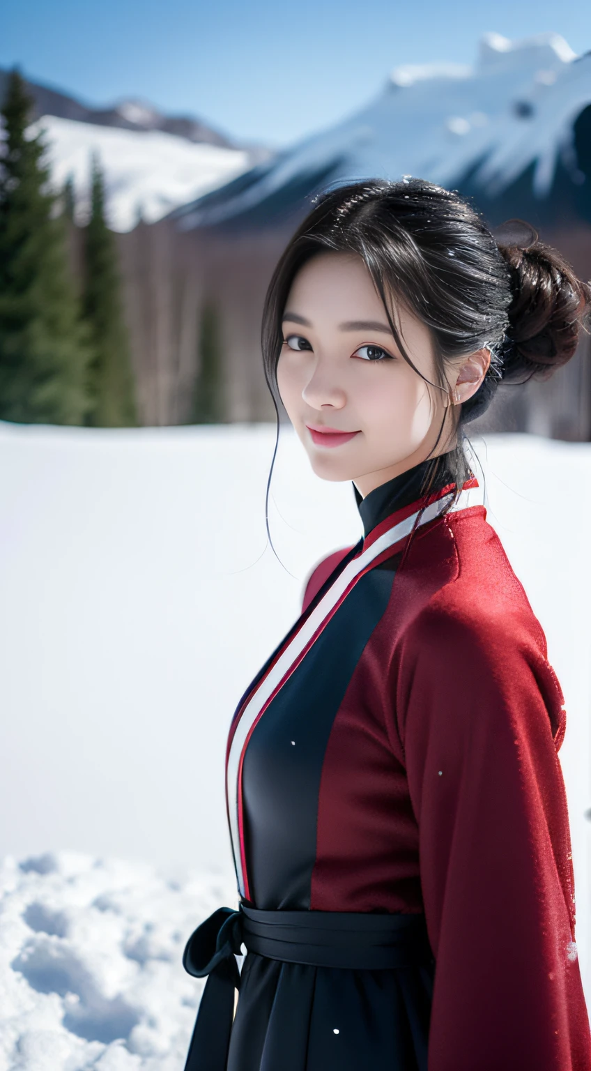 1 female,Stand on top of a snowy mountain,18yr old,(digital model:Nanako Matsushima 1.8),(Thin skeletal face,s delicate face),com rosto detalhado,(Fairy tale makeup:light make-up), Black colored eyes,(Look into the distance),Loose bun,((Windswept hair,Snow fell overhead)),Flaming red lips,Fair smooth skin,(Best Skin Type:1.21),mediuml breasts,((Hanfu,Fairy costume,Tulle coat)),masterpiece1.3,((Hasselblad photograp)),(half-body photo),(There was heavy snow on the screen),(scene:Her skin is better than snow, She was standing on the top of a mountain looking into the distance,Black hair and red lips,A slight smile,Fairy air ethereal,Tiny waist seal),8K分辨率, physically-based renderingt,profesional lighting,Surreal photography,exquisite detailing,详细的脸,The picture is pure,perfect hand,Perfect posture,Ultra-fine makeup,Ultra-fine clothing material