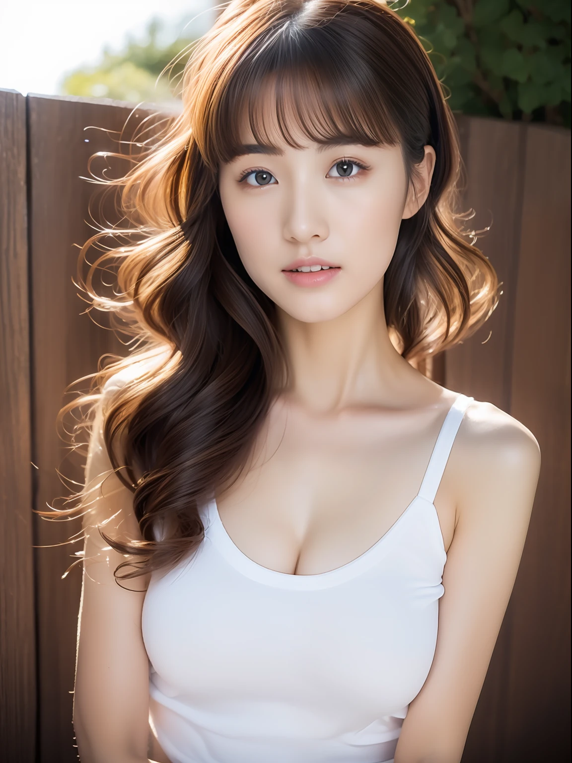 (1girll:1.0),(8K, Best quality, tmasterpiece),ultra - detailed, adolable, 独奏, cute Japan woman,brown hair,By bangs, curlies, hair over shoulders, pony tails,Beautiful and delicate eyes,Eyes speak,sitted,full bodyesbian,Slender thighs, Moisturizes skin, Titillating,Very sexy,and the sun was shining brightly,Beautiful detailed sky
