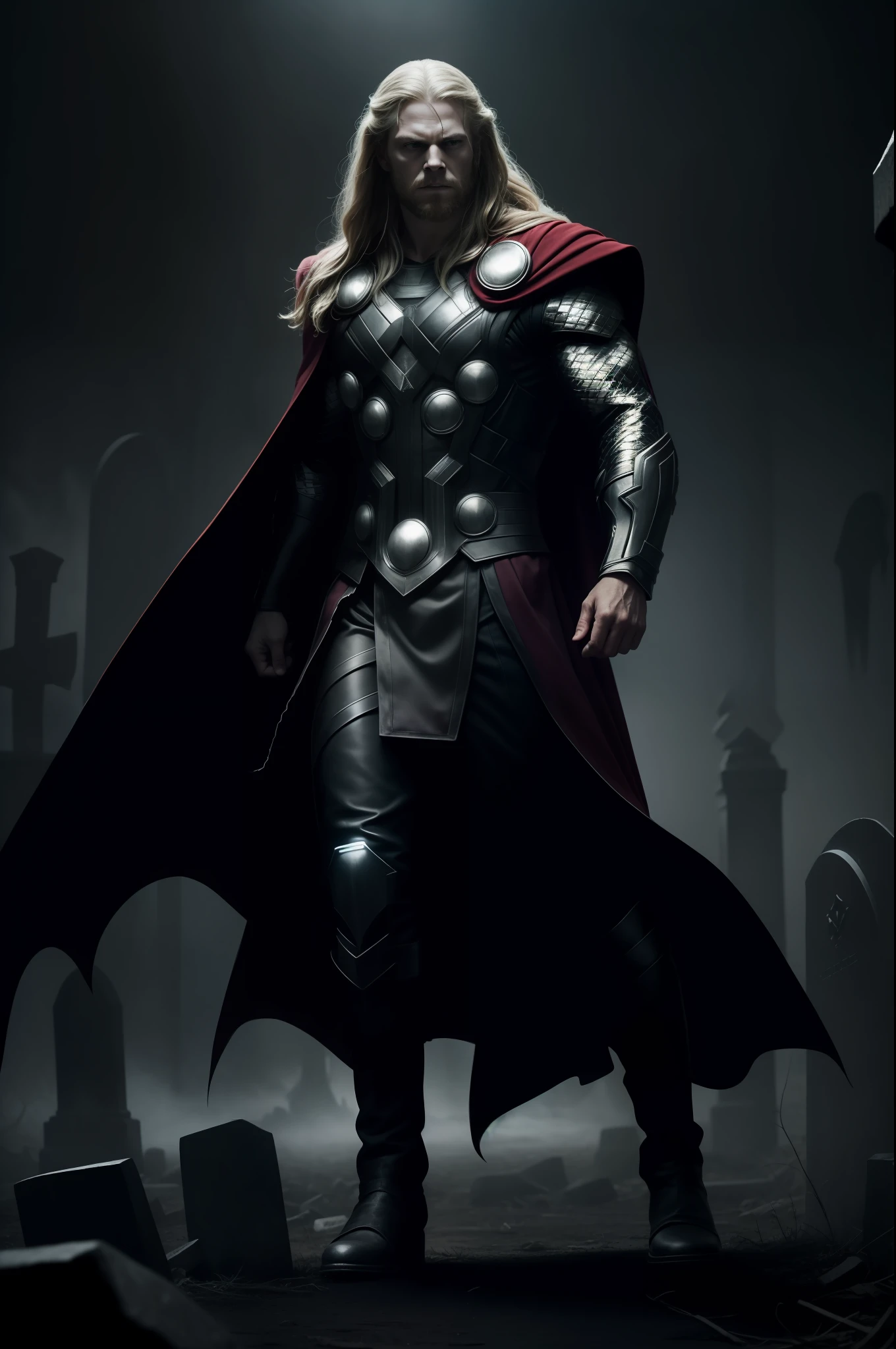 Color photo of Thor transforming into a terrifying vampire, with realistic photo effects that enhance the darkness and horror of the scene. The photo is a full-body shot of Thor, captured in high definition to showcase every chilling detail of his transformation.

The scene takes place in a desolate graveyard, with tombstones looming in the background and an eerie mist shrouding the area. Thor's once noble and godlike appearance is now twisted and sinister, his fangs elongated and his eyes glowing with a malevolent red light.

The camera used to capture this menacing transformation is a top-of-the-line Canon EOS R6, loaded with Ilford Delta 3200 film and fitted with a 50mm lens. The photographer utilized a variety of techniques to create the dark and scary atmosphere, including using low-key lighting to emphasize the shadows and employing post-processing effects to enhance the overall haunting vibe.
