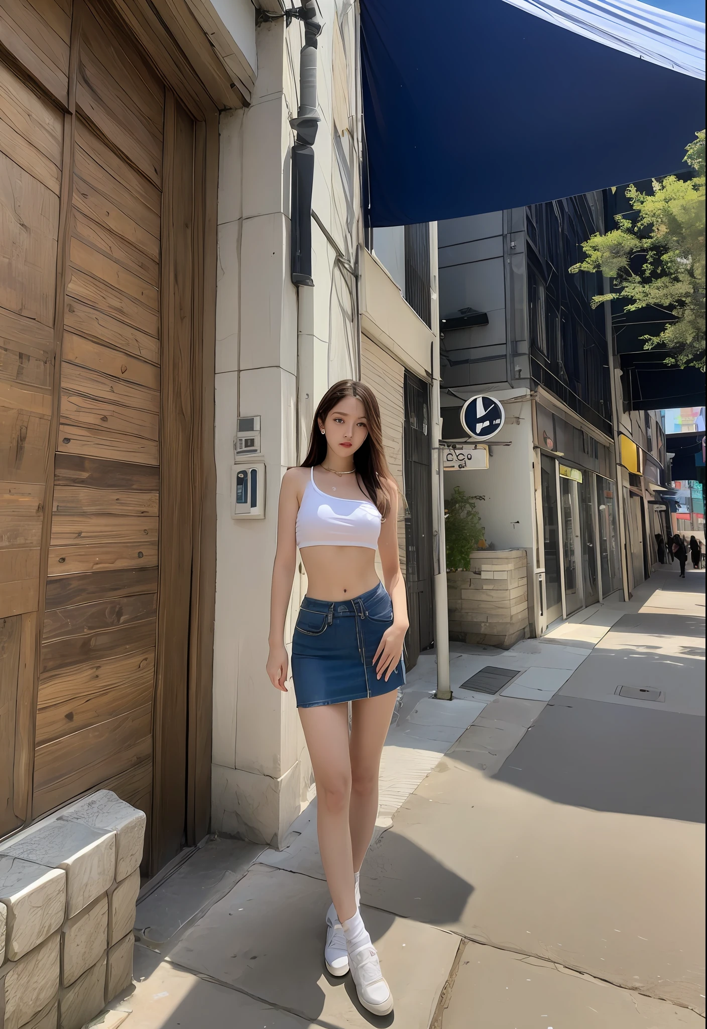 (Best Quality, 8K, Masterpiece, Ultra HD: 1.3), (K-Pop Idol: 1.3), 1 sexy Girl, (Big: 1.2), (Long Hair), Abs, Perfect Figure, Ultra Fine Face, Delicate Lips, Beautiful Eyes, Double Eyelids, Super fine hand, Super fine finger,((Aroused: 1.9)), t-shirt, short skirt , Detailed , streets buiding euro, ((Naked))