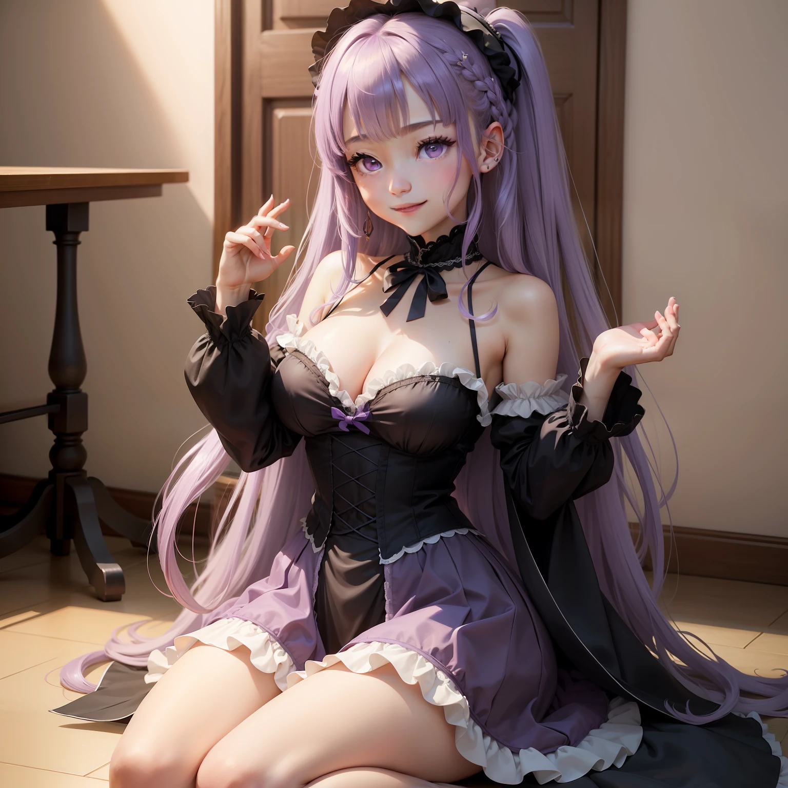 high-level image quality、masterpiece、8K、detaileds、1 persons、独奏、20-year-old woman、One person on the screen、1,000,000 points Hara Salome、Princess、Mature girl、Light purple hair、very large amount of hair、Parting the middle bangs、Looks like a forehead、、Bangs are 7/3.、Super long hair、Braids、curl hair、Long curled hair hanging over both shoulders、The hair that hangs over both shoulders is super long、Hair curls like a drill、Black headband、Small purple ribbon on the right、Hair up to the waist、Hair is very long and straight、Curl your back hair、cuticle、Nice、Princess、Full body like、Dark purple eyes、Contemptuous gaze、tthin eyebrows、drooing eyes、Friendly look、Sharp eyes、Cheerful smile、huge smile、Fluffy smile、Medium soft breasted、Clothing that emphasizes the chest、Gothic ta Fashion、Skirts with a lot of frills、Black panties are visible、Mature girl、Pichi Pichi clothes、Clothes with ribbons、 Sheer nipples、nipples stand、Pubic hair soothing、full of sweat、perspiring、、Raise your hands up、Grab your head with both hands、Cross your legs、Cross your legs、sit a chair、A high chair that sits shallowly on a chair、、The gaze is watching the viewing、closes mouth、Do not show your teeth、High laughter、Smile generously、Lying on the floor、in a house、mansion、rich man、Rich、a gorgeous、noble、Night、excited、Ecstatic look、Imarathion、