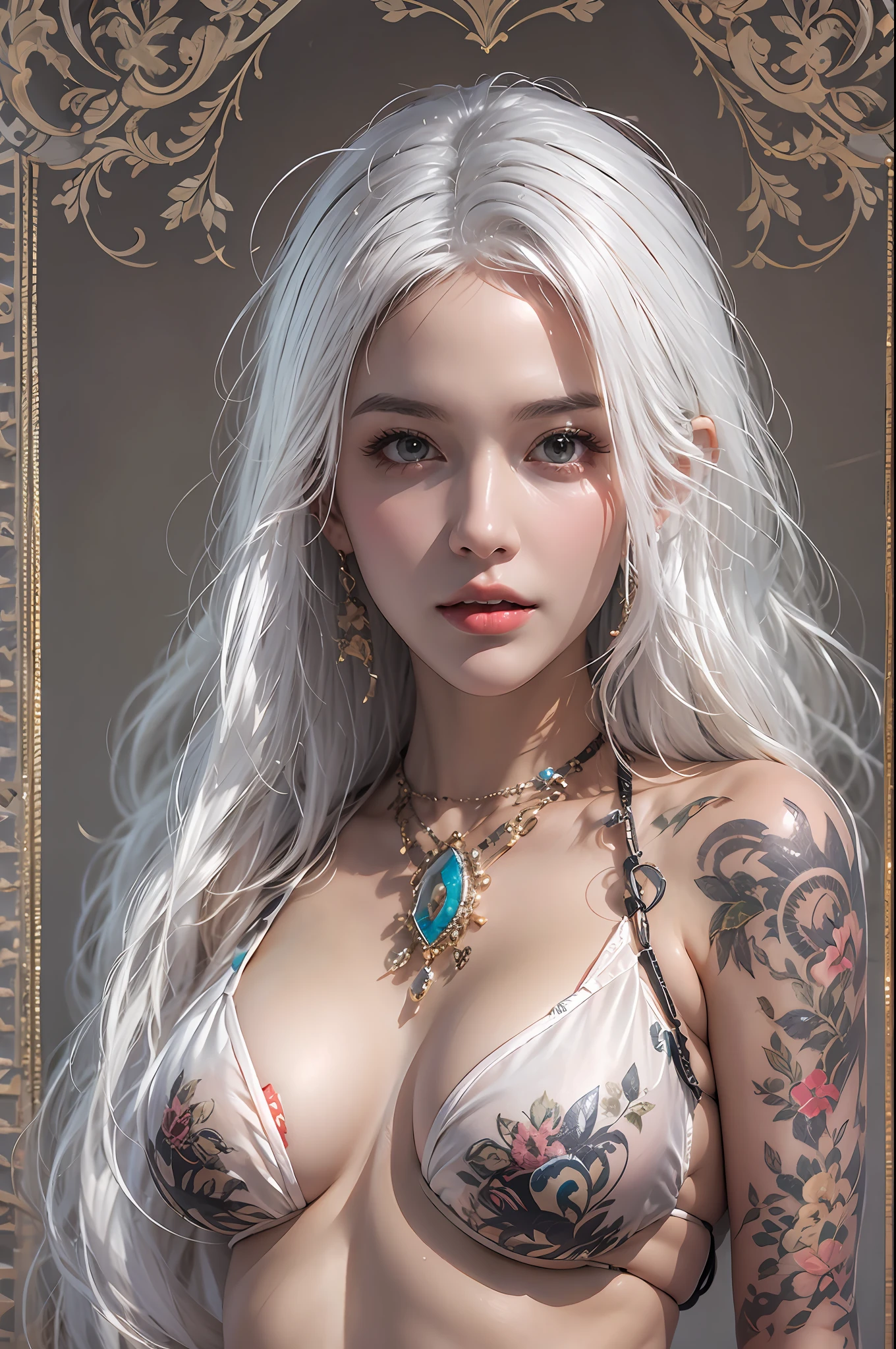 photorealistic, high resolution, 1women, solo, hips up, look at viewer, (detailed face), white hair, long hair, micro-bikini, jewelry, belly tattoo