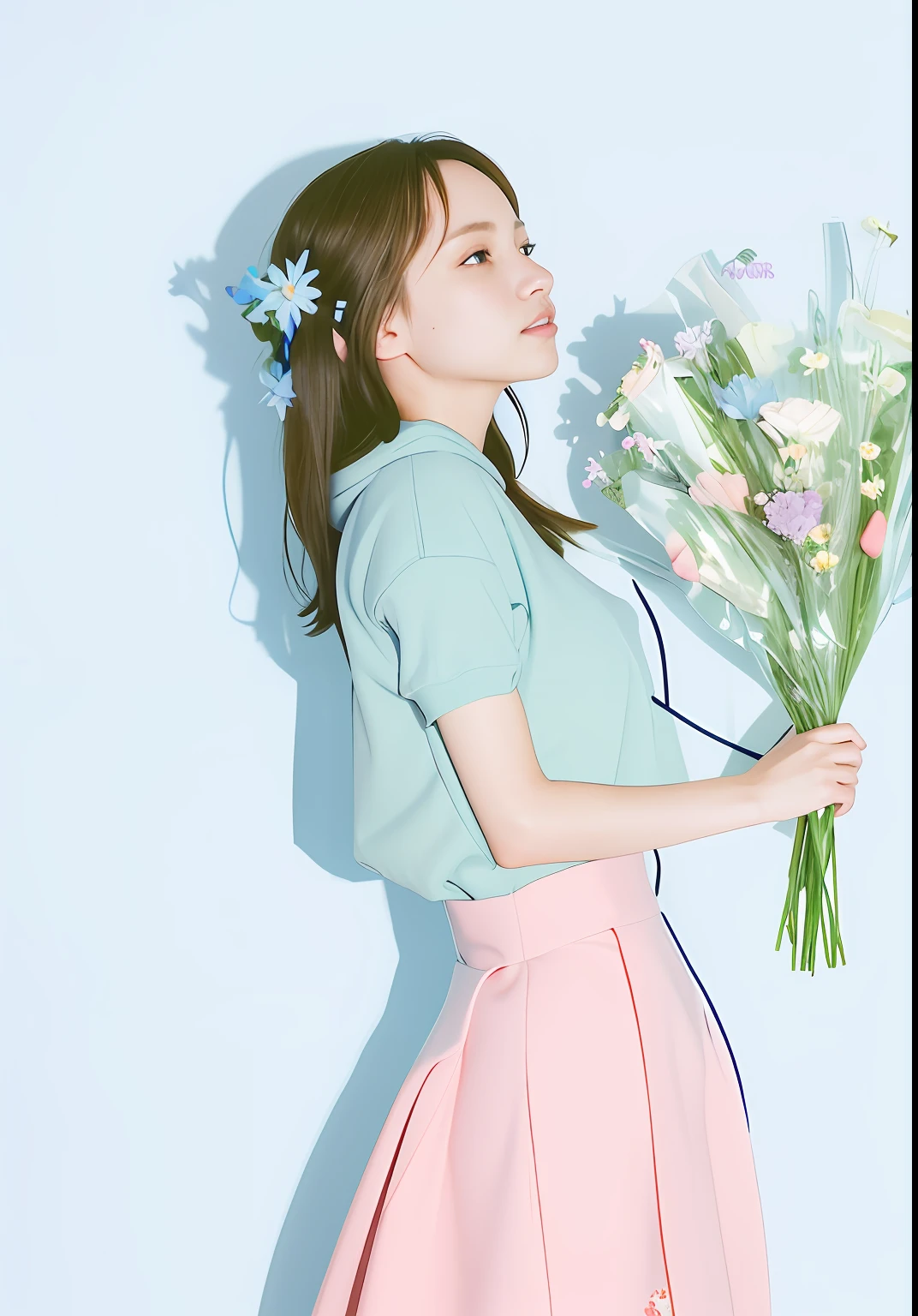 There is a woman holding a lot of flowers in her hands, with flowers, Holding flowers, carrying flowers, female portrait with flowers, Magic flower in hand, Wearing a hoodie and flowers, Kind cyborg girl with flowers, in style of digital illustration, picking up a flower, holding a flower, digitally colored, with frozen flowers around her, colored screentone