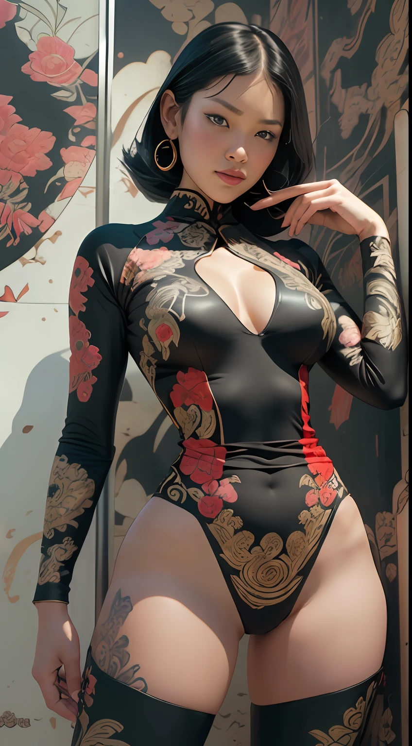 Textures: 1.5, gold: 1.1, white: 1.3, red: 1.3, (indonesian woman), sexy, tattoos, voluptuous, exotics, erotic, (power puffer clothes: 1.2), 3d graffitti, abstract, lines, (batik), (kebaya), (Indonesian art), (Indonesian culture), background circles, by Adam Hughes, art by Jay Anacleto