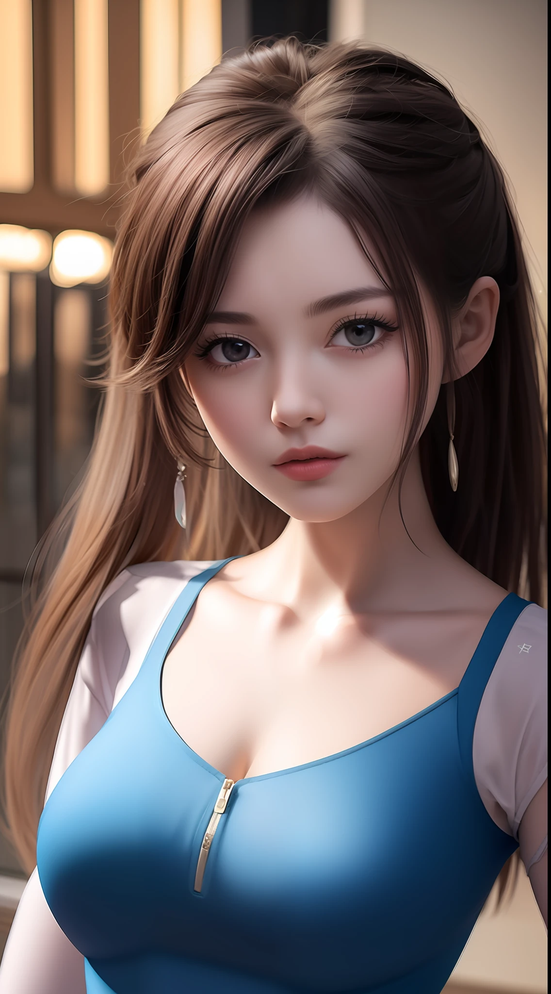 4k ultra hd, masterpiece, very high quality, a girl, age 20 years old girl, good face, smooth face, detailed eyes, beautiful hair, very long hair, hair band, cute look, modern clothes, blue shirt, black jeans, morning background, buildings, sun lights, clear weather, stylish looking,