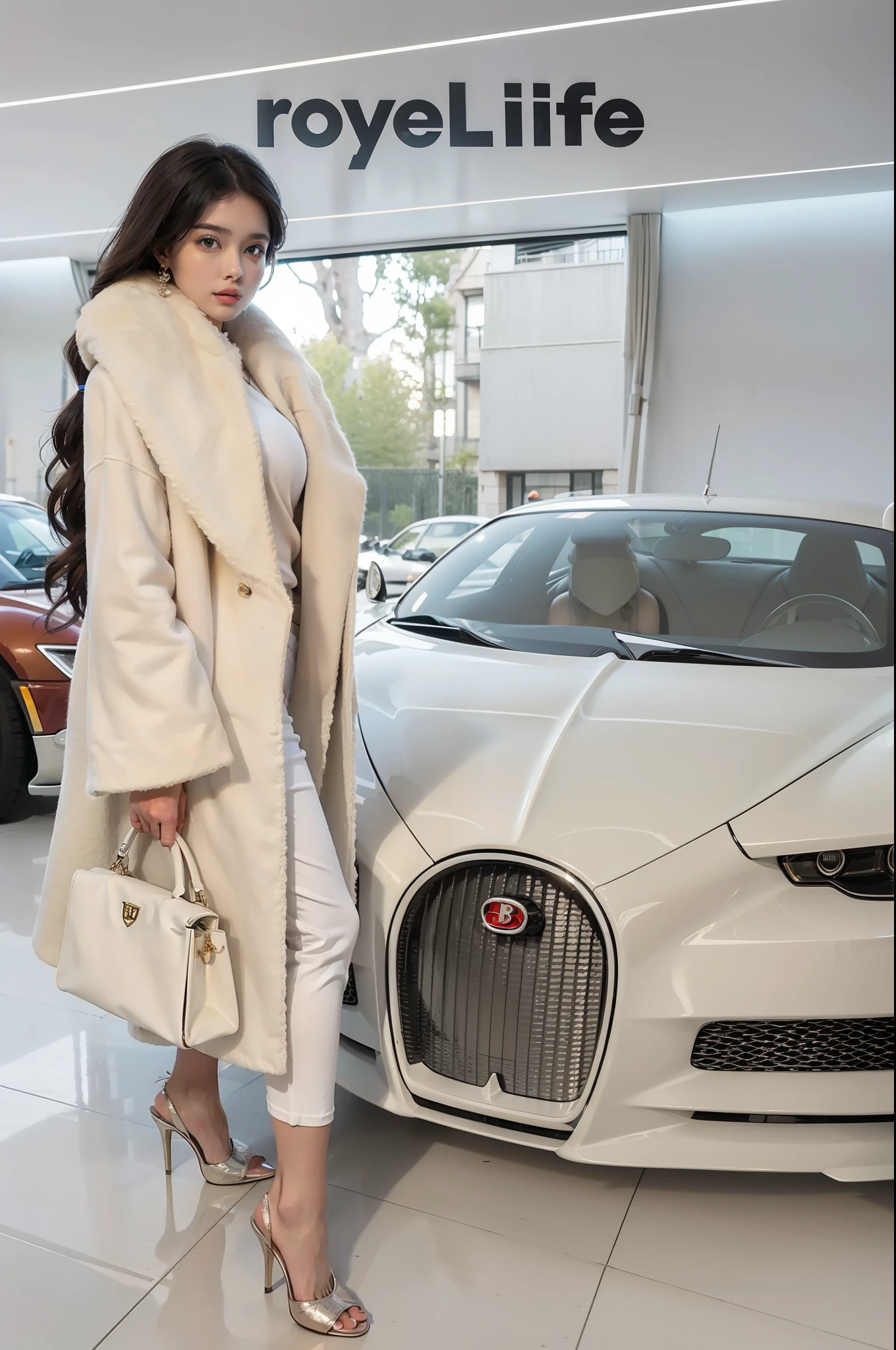 Beautiful woman with luxury style in front of Bugatti car