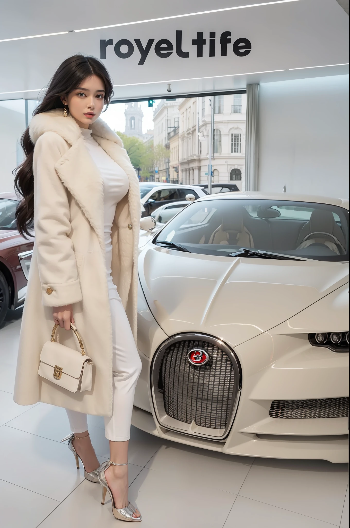 Beautiful woman with luxury style in front of Bugatti car