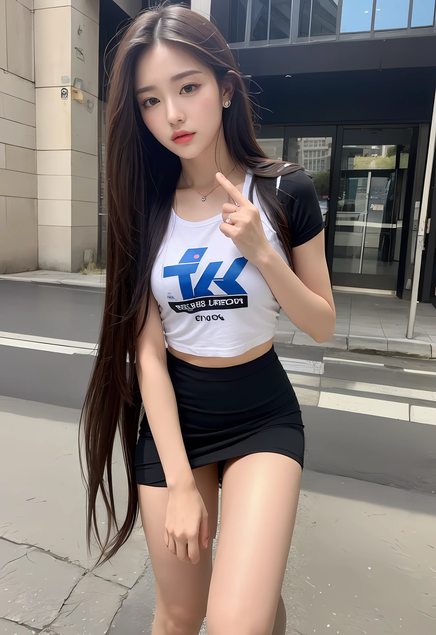 (Best Quality, 8K, Masterpiece, Ultra HD: 1.3), (K-Pop Idol: 1.3), 1 sexy Girl, (Big: 1.2), (Long Hair), Abs, Perfect Figure, Ultra Fine Face, Delicate Lips, Beautiful Eyes, Double Eyelids, Super fine hand, Super fine finger,((Aroused: 1.9)), t-shirt, short skirt , Detailed , streets buiding euro,