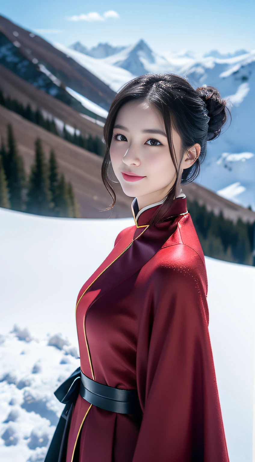 1 female，Stand on top of a snowy mountain，18yr old，（digital model：Nanako Matsushima 1.8），（Thin skeletal face，s delicate face），com rosto detalhado，（Fairy tale makeup：light make-up）， Black colored eyes，（Look into the distance），Loose bun，（（Windswept hair，Snow fell overhead）），Flaming red lips，Fair smooth skin，（Best Skin Type：1.21），mediuml breasts，（（Hanfu，Fairy costume，Tulle coat）），masterpiece1.3，（（Hasselblad photograp）），（half-body photo），（There was heavy snow on the screen），（scene：Her skin is better than snow, She was standing on the top of a mountain looking into the distance，Black hair and red lips，A slight smile，Fairy air ethereal，Tiny waist seal），8K分辨率， physically-based renderingt，profesional lighting，Surreal photography，exquisite detailing，详细的脸，The picture is pure，perfect hand，Perfect posture，Ultra-fine makeup，Ultra-fine clothing material