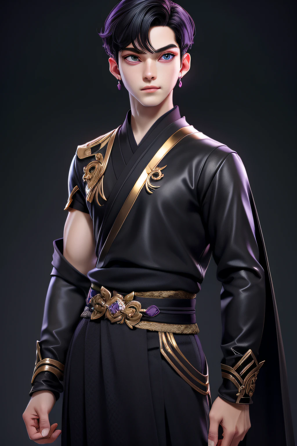masterpiece, best quality, 1 boy, purple eyes, pale skin, black hair, straight hair, short hair, gold earrings, black japanese clothes, simple background, solo, upper body