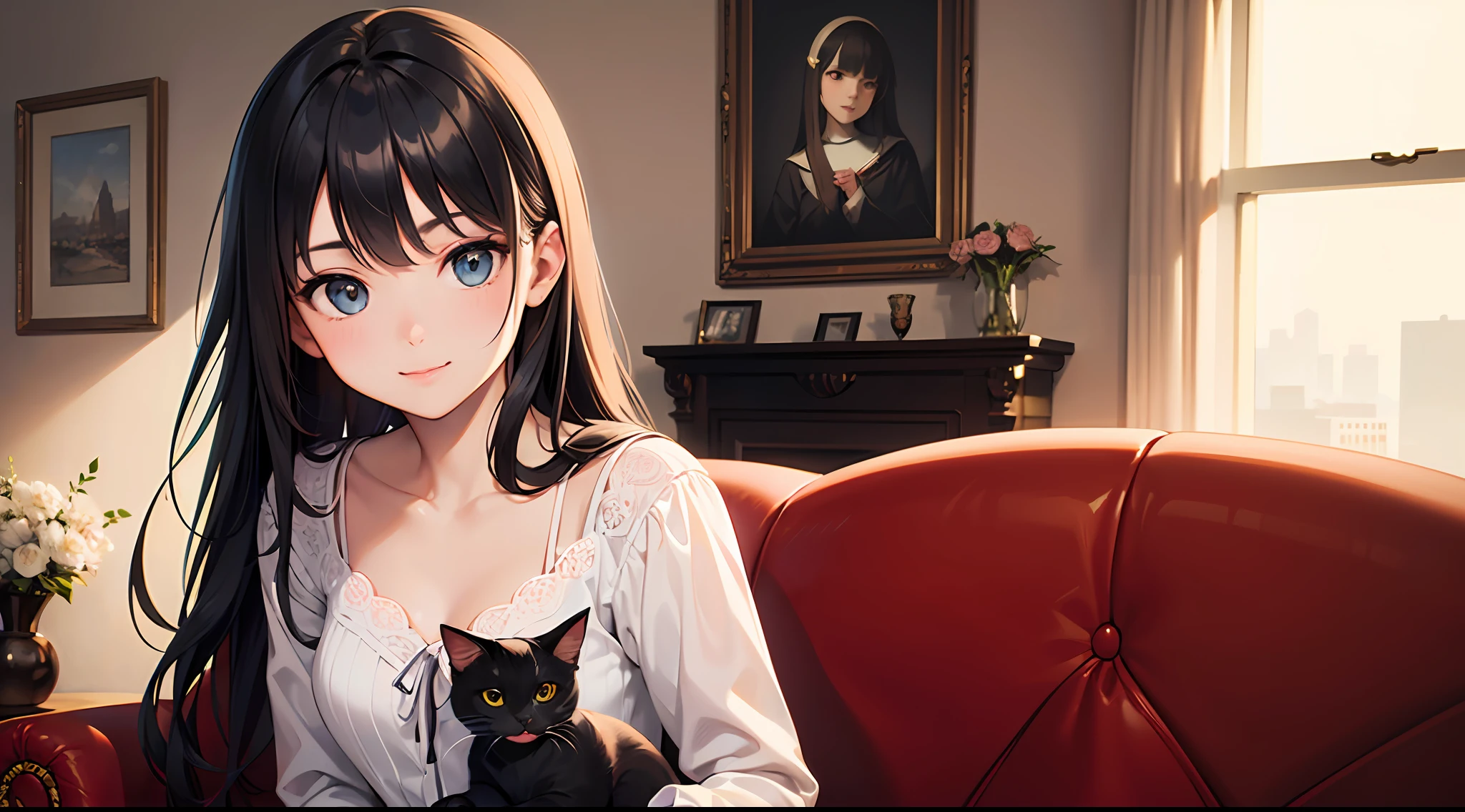 (Masterpiece, top quality, super detailed CG, ultra detailed beautiful face and eyes, super detailed, intricate details:1.2), 8k wallpapers, elaborate features,
(1 person, solo:1.4)perfect cartoon illustration,(1 person, solo:1.4)
(realistic textures:0.8), high res, cute, (vivid colors, dynamic lighting:1.0), (high contrast:0.8),
Young girl 1, cute face, innocent smile, glossy skin, white blouse, skirt, petting pet cat (black cat), living room at home, sofa, night