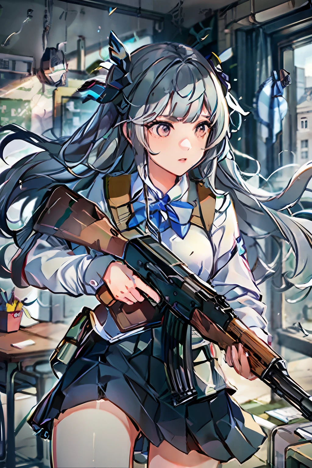 masterpiece, best quality, high resolution, extremely detailed CG, 1girl, school uniform, holding gun, ak-47, akm, assault rifle, kalashnikov rifle, (aiming:1.2), finger on trigger,