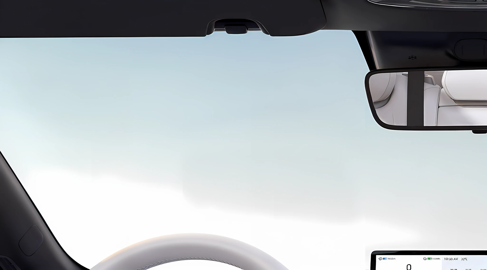Close-up of car dashboard with laptop, Car 3, ambient lighting from top,, futuristic product car shot, inside car, detailed ambient lighting, Bright ambient lighting, SleekDesign, glowing interior components, indoor background, Vehicle design trends, everything fits on the screen, full view of a car, The Car, smooth technology,Tech Style