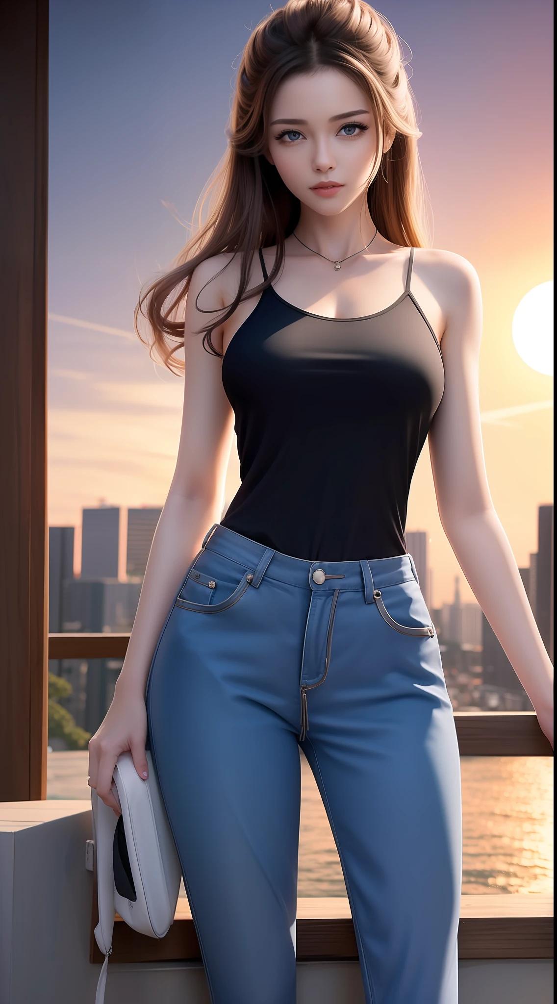 4k ultra hd, masterpiece, very high quality, a girl, age 20 years old girl, good face, smooth face, detailed eyes, beautiful hair, very long hair, hair band, cute look, modern clothes, pink shirt, black  jeans, good shoes, morning background, buildings, sun lights, clear weather, stylish looking,