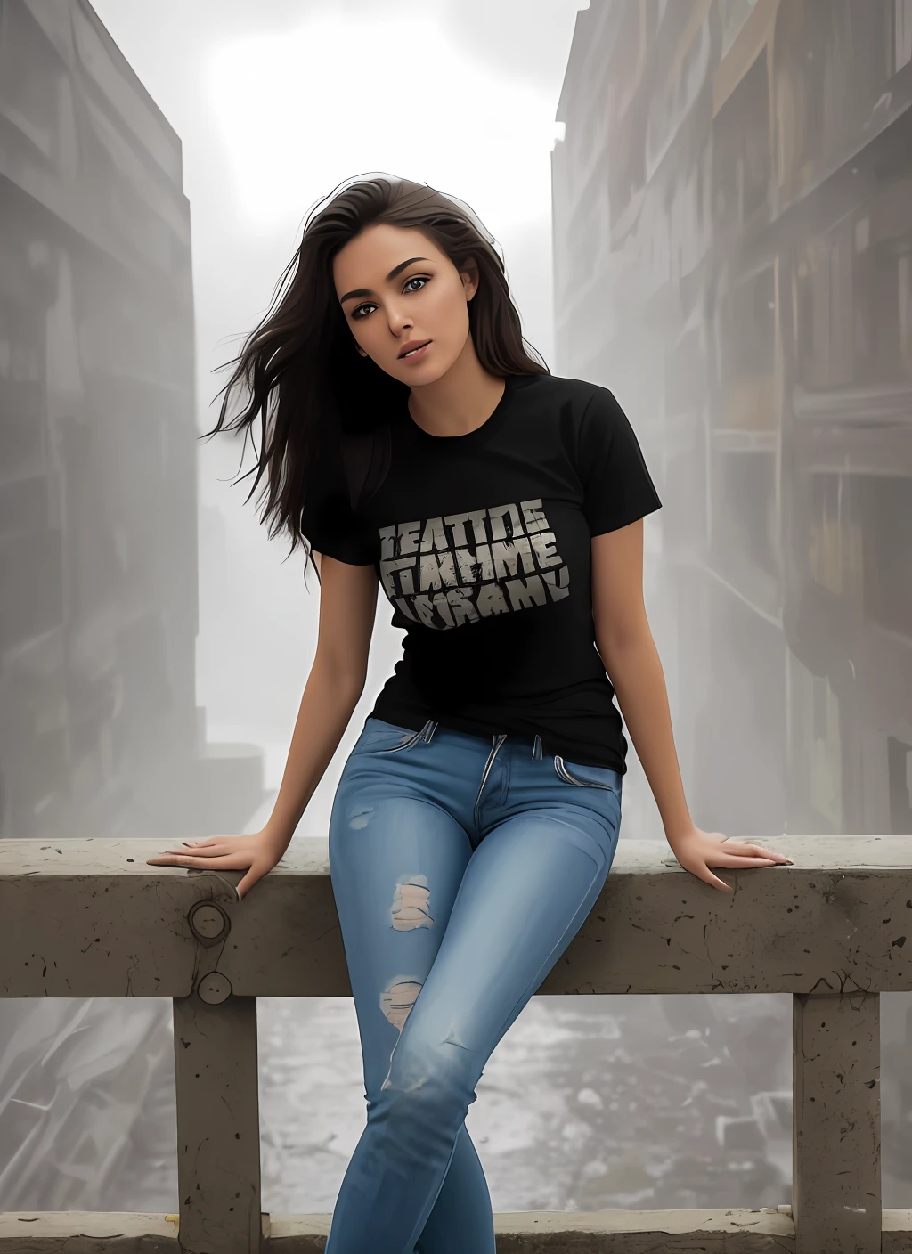 realistic photo (modelshoot style), (detailed face), ((woman 24 year's old beautiful Italian girl, detailed beautiful Italian beauty, waifu in a cramped rusty )), sunset, oily, sweaty, dirty, ripped jeans, torn skinny jeans, whitened skin, toned body, very detailed face and features, very detailed black eyes, dark sunglasses, double eyelid, post-apocalyptic, natural skin texture, 24mm, 4k textures, soft cinematic light, adobe lightroom, photolab, hdr, (full shot body:1.4) photo of 24 year's old middle eastern beautiful woman, soviet union, 70s, retrofuturism, masterpiece, (photorealistic:1.4), best quality, ((old torn black round neck plain Tee-shirt, low rise jeans, short fly skinny jeans, dirty clothes,)) beautiful lighting, ((old torn clothes, dirty))lying beaten on the ground, rain, mud, ray tracing, space background, (very detailed background, detailed complex busy background : 1.4 ), sharp focus, volumetric fog, 8k uhd, dslr, high quality, film grain, photorealism, lomography , (A sprawling soviet metropolis in a future dystopia ), view from below , translucency , (HDR:1.2), Mar, basic tee-shirt full length, in different action, standing, middle eastern 24 years old italian girl, model looks, very beautiful fave, black medium straight hairstyle, model style shooting, cinematic, fashion model style, perfact legs, medium prominent boobs, open legs sitting on a old wooden chairs, wooden long stool, apocalypse environment, dirty clothes, round neck dirty white Teeshirt, full body length tee-shirt, Damage jeans, short ankle boots, dusty, rainy weather, wet road, hopeless, model action, full body shoot, full image, after rain atmosphere, high rise damage buildings, lonely middle eastern pretty girl, detail fingers and nails, perfact hands, sitting on a wooden chair, model style, super realistic, light makeup,