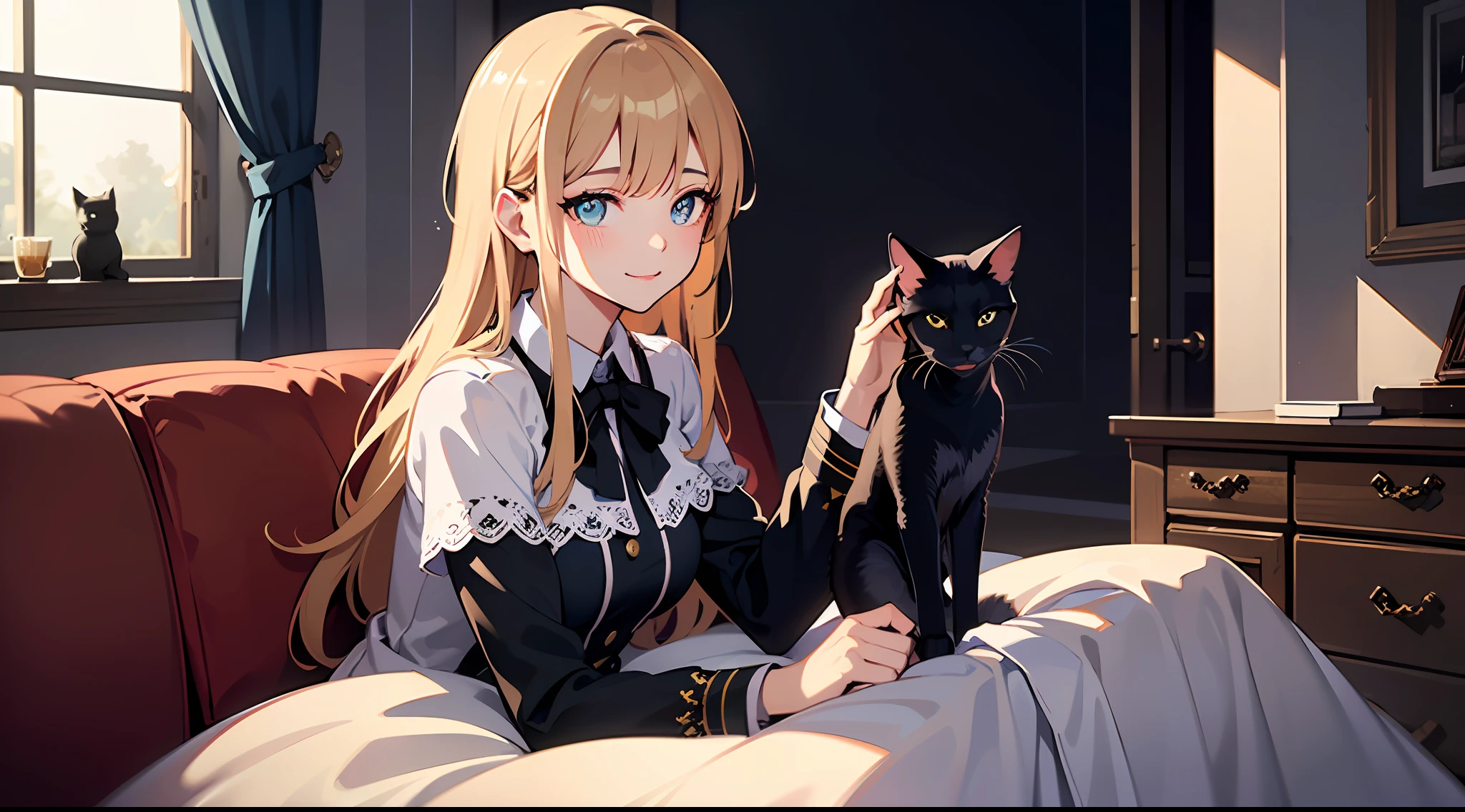 (Masterpiece, top quality, super detailed CG, ultra detailed beautiful face and eyes, super detailed, intricate details:1.2), 8k wallpapers, elaborate features,
(1 person, solo:1.4)perfect cartoon illustration,(1 person, solo:1.4)
(realistic textures:0.8), high res, cute, (vivid colors, dynamic lighting:1.0), (high contrast:0.8),
Young girl 1, cute face, innocent smile, glossy skin, white blouse, skirt, petting pet cat (black cat), living room at home, sofa, night