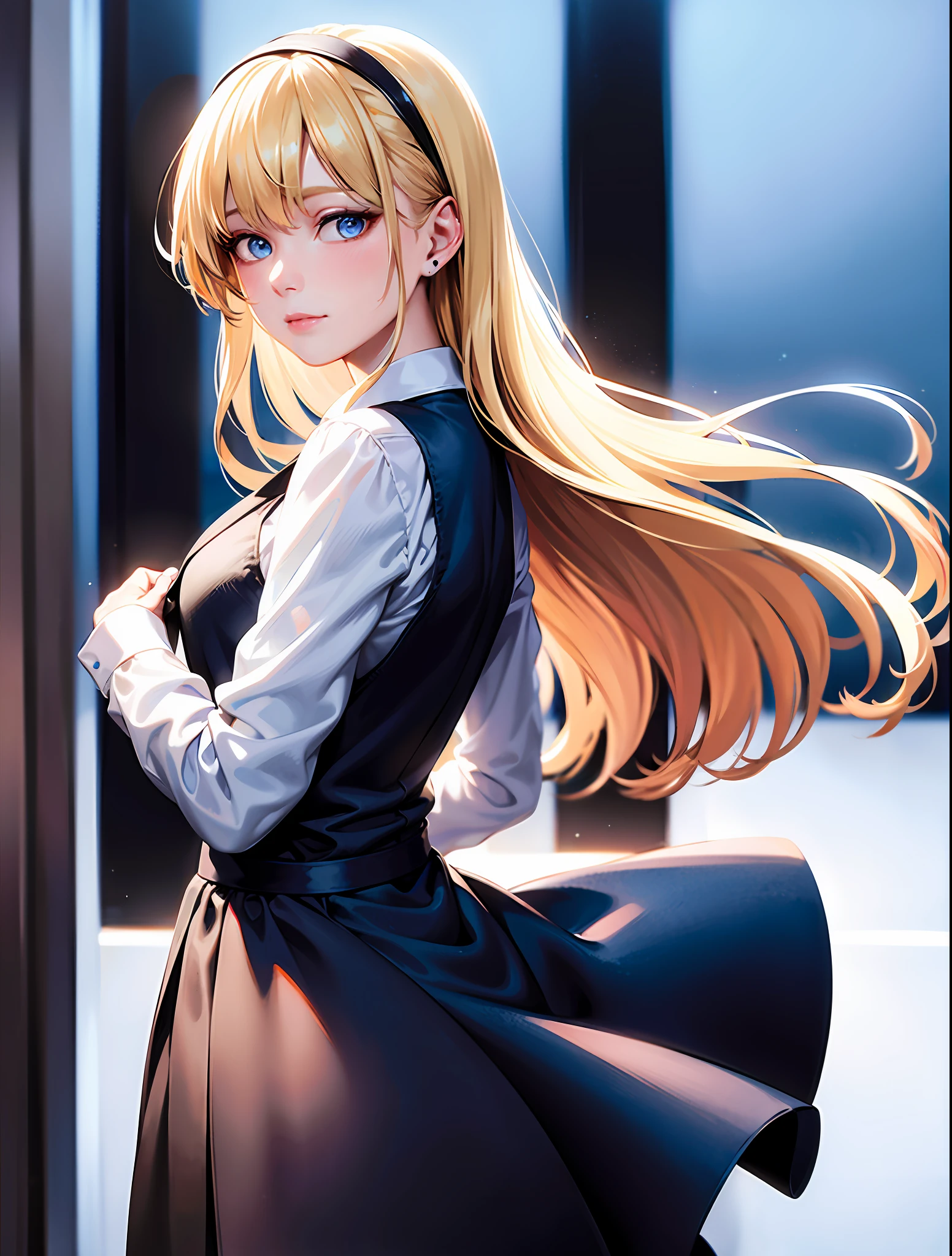 pcsaren, hair bow, hair ornament, blonde hair, blue eyes, detailed shiny skin, (realistic, photo-realistic:1.4), a pretty girl, standing, looking out of window, white shirt, collared shirt, black necktie, black trousers, long sleeves, slight smile (nose blush),