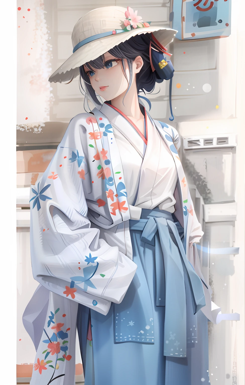 Arad woman standing in front of the wall in a kimono and hat, pale and coloured kimono, komono, in a kimono, komono, Japanese clothes, classic kimono, classy yukata clothing, Wearing a kimono, wearing a haori, yukata clothing, Japanese kimono, long beautiful flowing kimono, japanese-inspired, in a kimono, Hanfu Japanese anime background，3D style