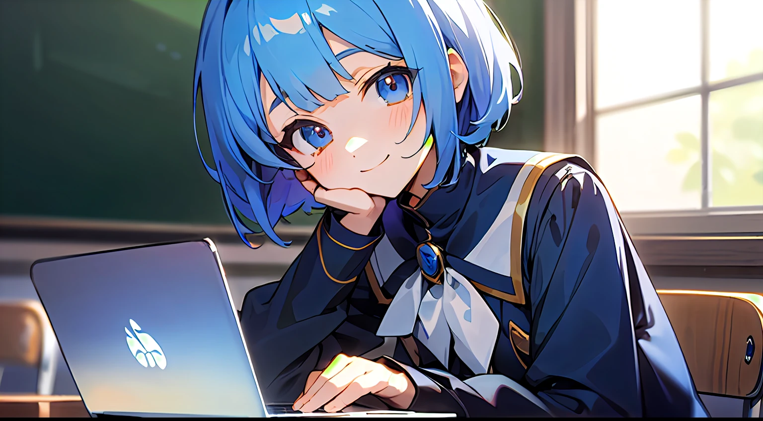 Upper body, mid-shot, femele, Detailed eyes, ((Anime girl sitting at laptop table)), , Short hair, Blue hair, Bangs,school classrooms,Dark blue uniform, Long sleeves,、frontage、 Smiling smile