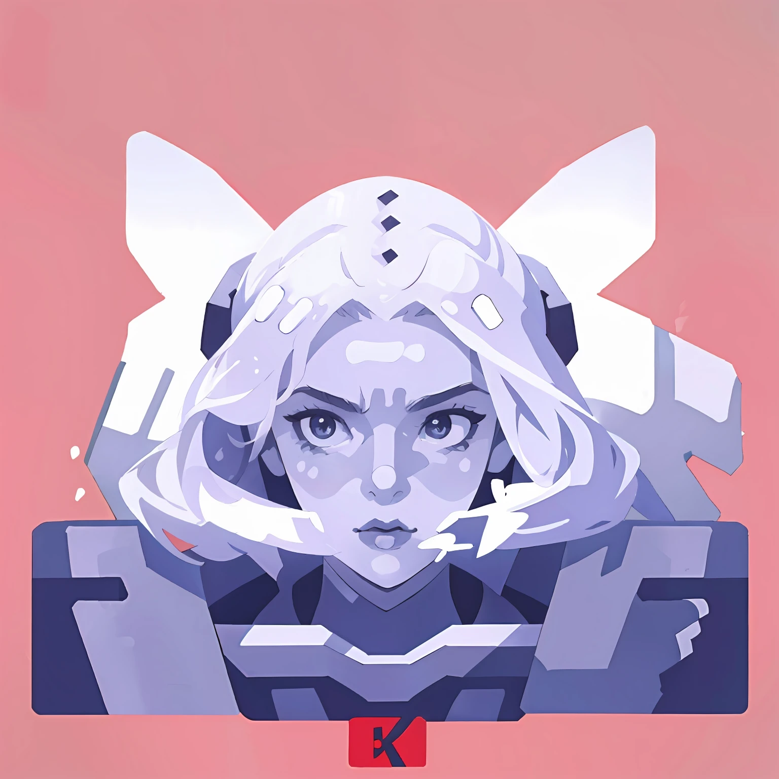Monochrome android, grayscale mecha, logo, plain pink background, detailed, worried face, editorial illustration, 4k