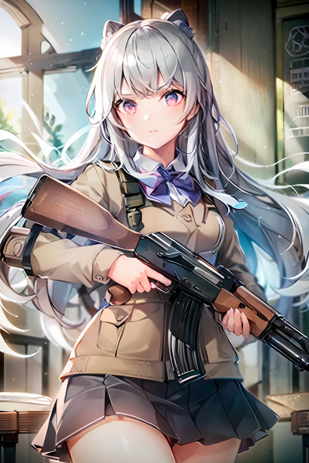 masterpiece, best quality, high resolution, extremely detailed CG, 1girl, school uniform, holding gun, ak-47, akm, assault rifle, kalashnikov rifle, (aiming:1.2), finger on trigger,