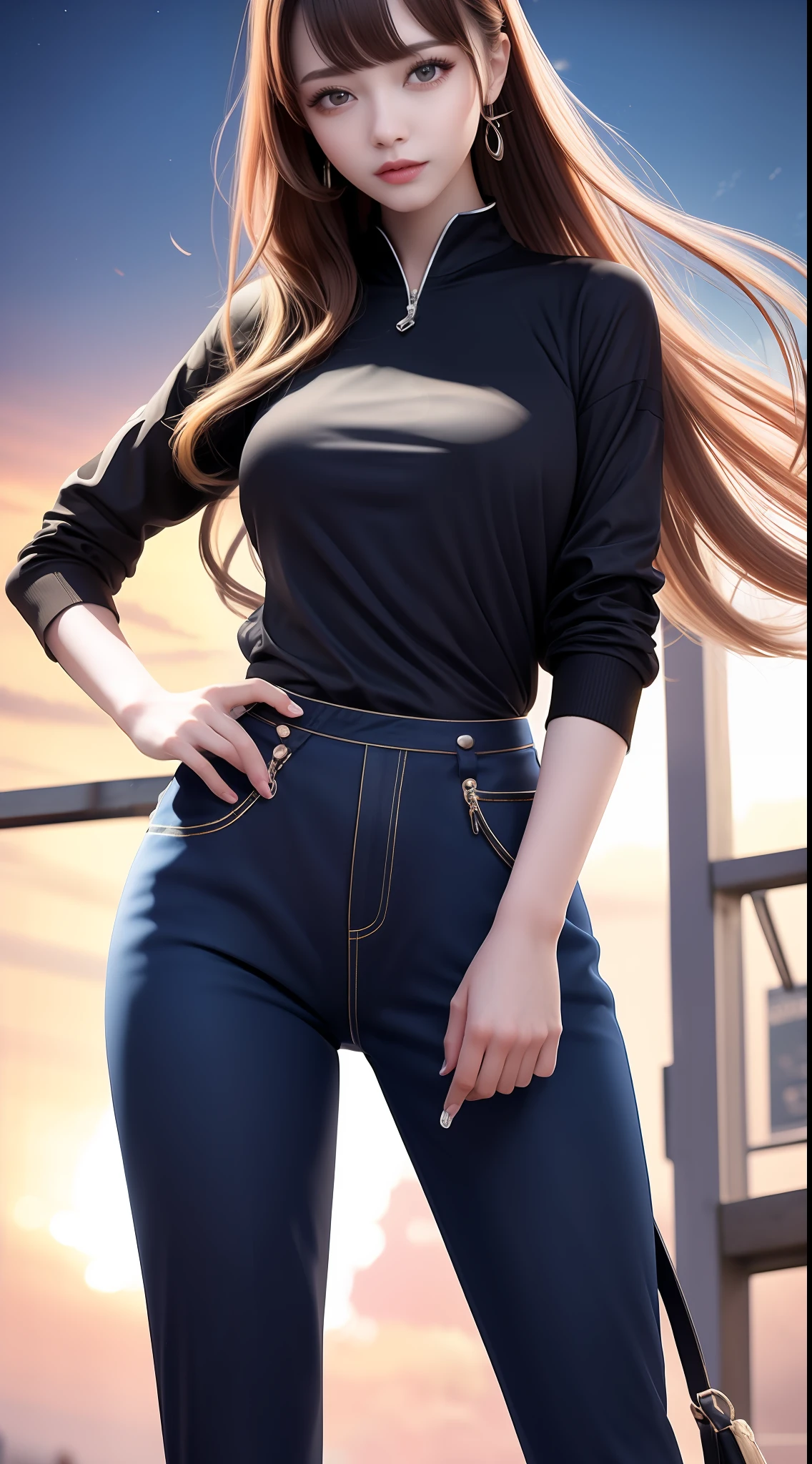 4k ultra hd, masterpiece, very high quality, a girl, age 20 years old girl, good face, smooth face, detailed eyes, beautiful hair, very long hair, hair band, cute look, modern dress, black shirt, black jeans, morning background, buildings, sun lights, clear weather, stylish looking,