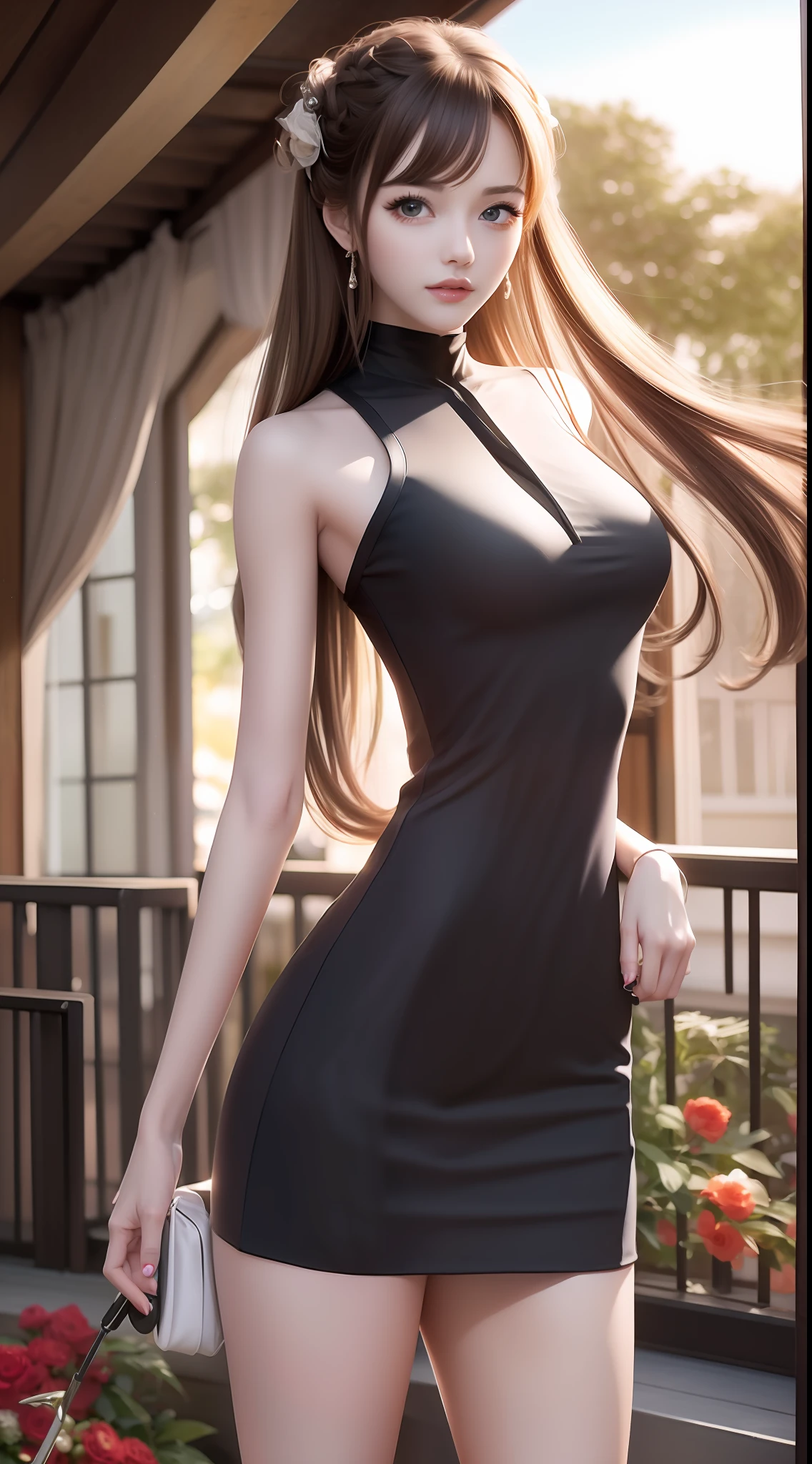 4k ultra hd, masterpiece, very high quality, a girl, age 20 years old girl, good face, smooth face, detailed eyes, beautiful hair, very long hair, hair band, cute look, modern dress, black shirt, black jeans, morning background, buildings, sun lights, clear weather, stylish looking,