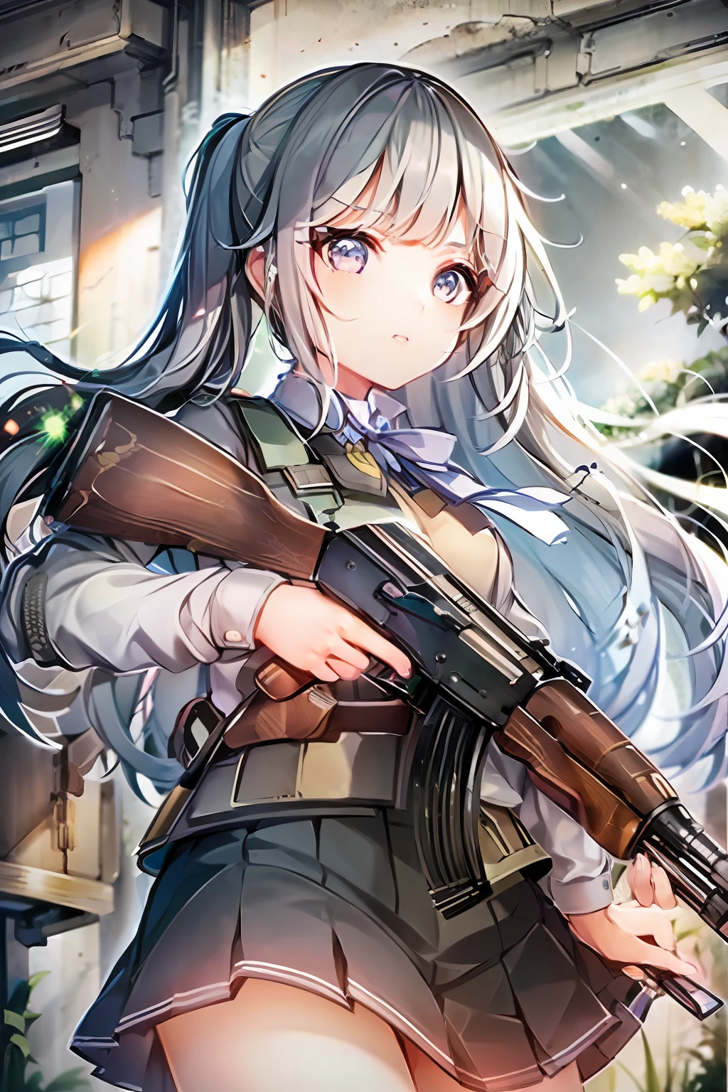 masterpiece, best quality, high resolution, extremely detailed CG, 1girl, school uniform, holding gun, ak-47, akm, assault rifle, kalashnikov rifle, (aiming:1.2), finger on trigger,