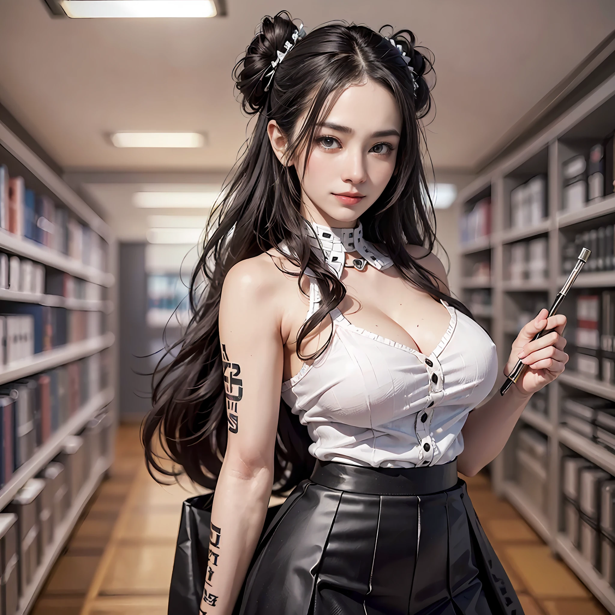 (64k, hyper HD, RAW photo, highs, Best quality, mast:2.0), (Ultra-fine detailing:3.0) a woman 18-years old, (the librarian), (collared white shirt, ribbon), (Neat, Neatness, Tight skirt:1.9), (Cowboy shot, Full body shot:1.3), (Carrying a bunch of books in the library), (Long black hair, Single braided bun, double bun hair), (Keep your mouth shut，With a faint smile of happiness), (Perfect body, Perfect figure), (Perfect slender body), (Huge breasts, Sexy cleavage:0.7), (Perfect, Flawless, Natural skin texture, hyper photorealism, Effective headlights, Sharp), (Perfectly effective front lighting:1.4)