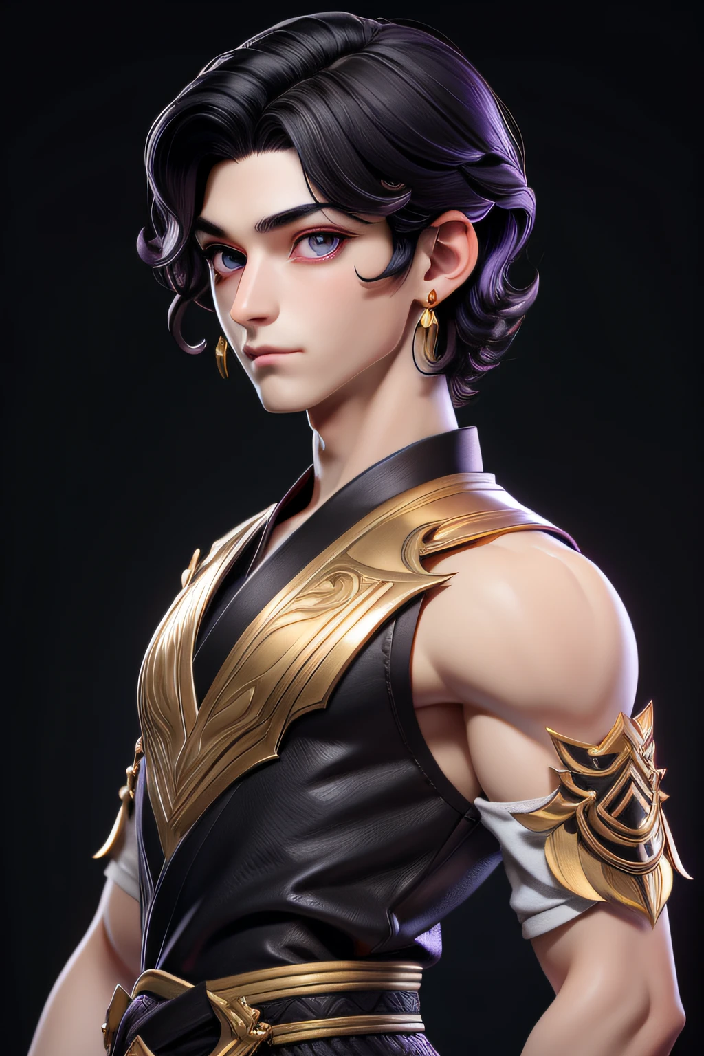 masterpiece, best quality, 1 boy, purple eyes, pale skin, black hair, wavy hair, short hair, gold earrings, black japanese clothes, simple background, solo, upper body