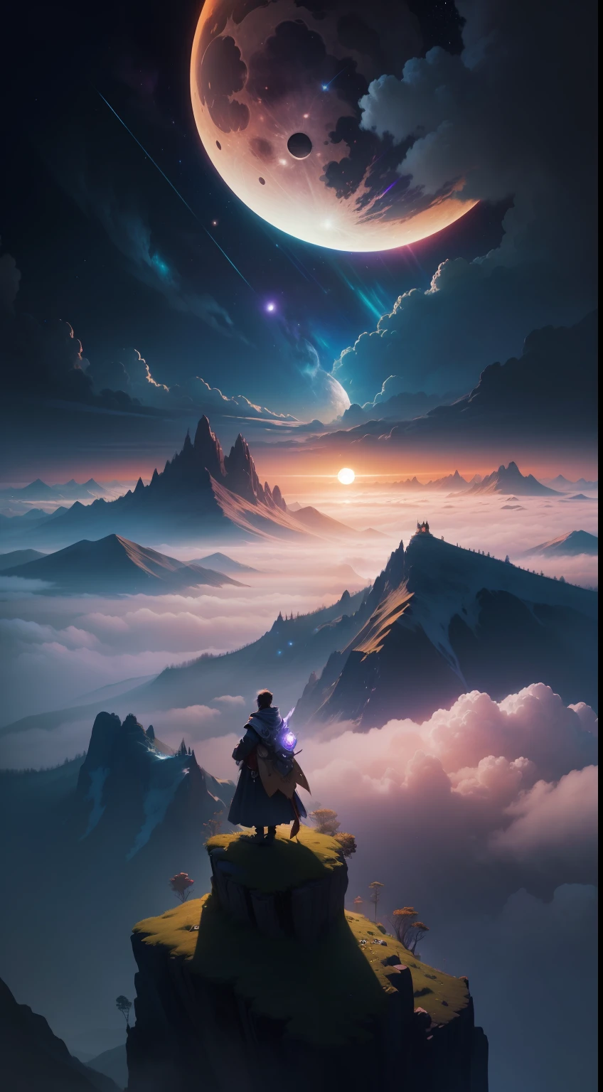 Vast landscape photos, (view of the sky and wilderness below), boys and girls standing in flower fields looking up, (Full Moon: 1.2), (Meteors: 0.9), (Nebula: 1.3), Distant Mountains, Tree Breaking Making Art, (Warm Light Source: 1.2), (Firefly: 1.2), Lights, Purple and Orange, Intricate Details, Volumetric Lighting BREAK (Masterpiece: 1.2), (Highest Quality), 4K, Super Delicate, (Dynamic configuration: 1.4), Highly detailed and colorful details (rainbow color: 1.2), (Sparkling lighting, atmospheric lighting), Dreamy, magical, (Solo: 1.2), (Ying Dragon God), (Through the clouds), (Top of the mountains), (Complex), (Super Detail), (Starry Sky Background), (Stout Limbs), (Moon Night), (Ultra Clear), (Best Quality),