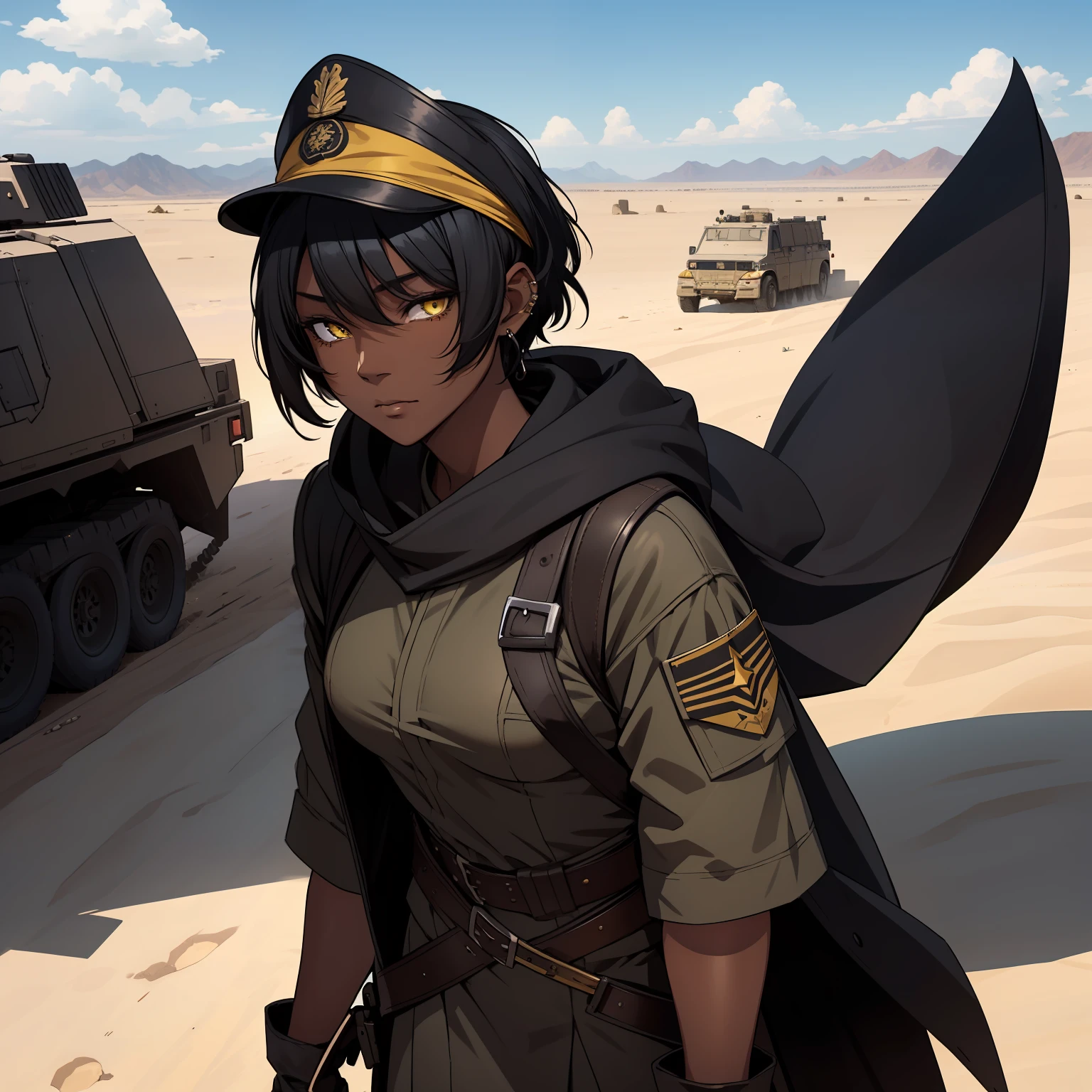 a 1girl, 独奏, dark-skin, Beautiful yellow eyes, Short Hair Hair, long bangs, Black hair, Tired Desert Gaze, hot weather, The sun is at its zenith, Without clouds, body piercings, bandana on the face, military cap on his head, gloves, soldier's cloak, High boots, The Perfect Picture.