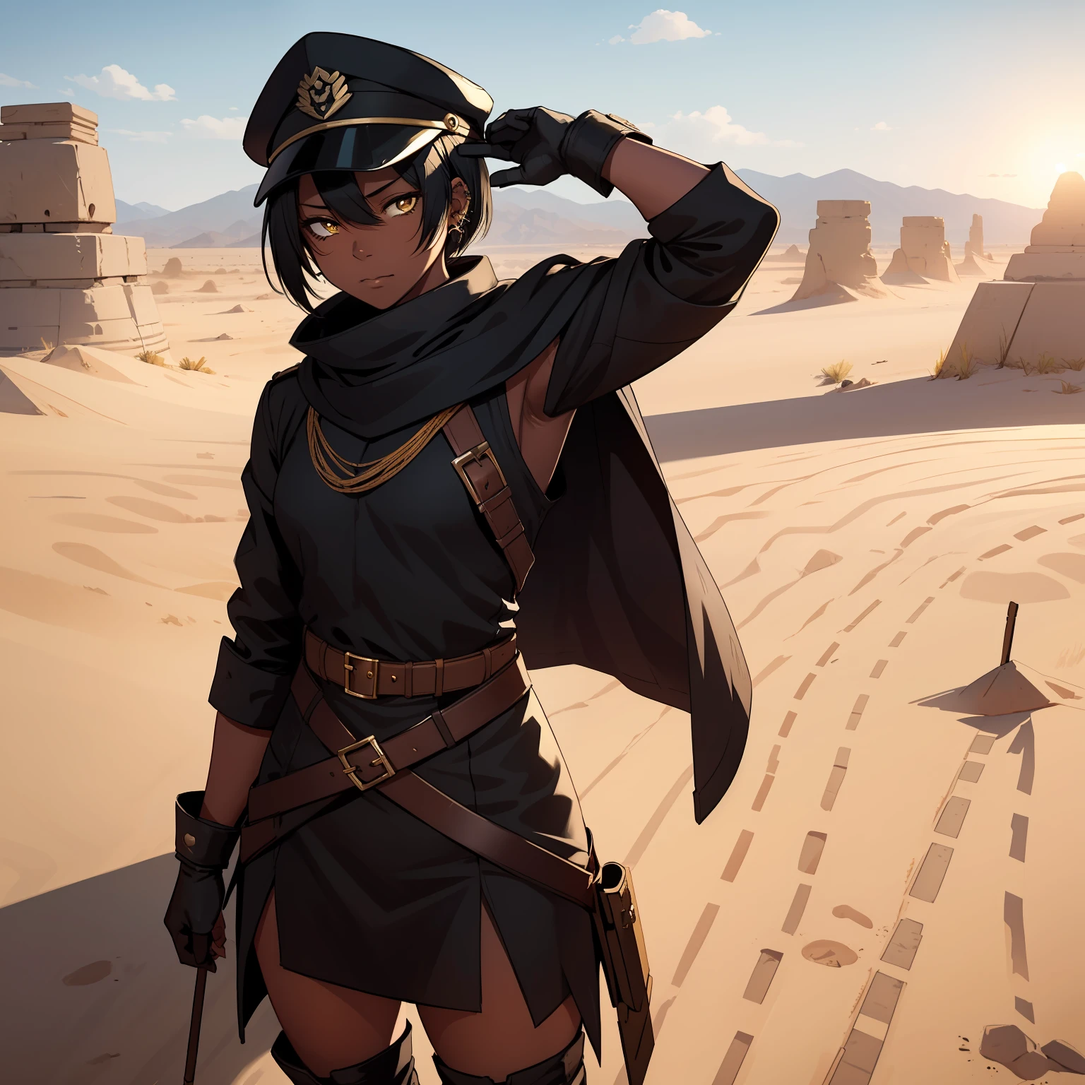 a 1girl, 独奏, dark-skin, Beautiful yellow eyes, Short Hair Hair, long bangs, Black hair, Tired Desert Gaze, hot weather, The sun is at its zenith, Without clouds, body piercings, bandana on the face, military cap on his head, gloves, soldier's cloak, High boots, The Perfect Picture.