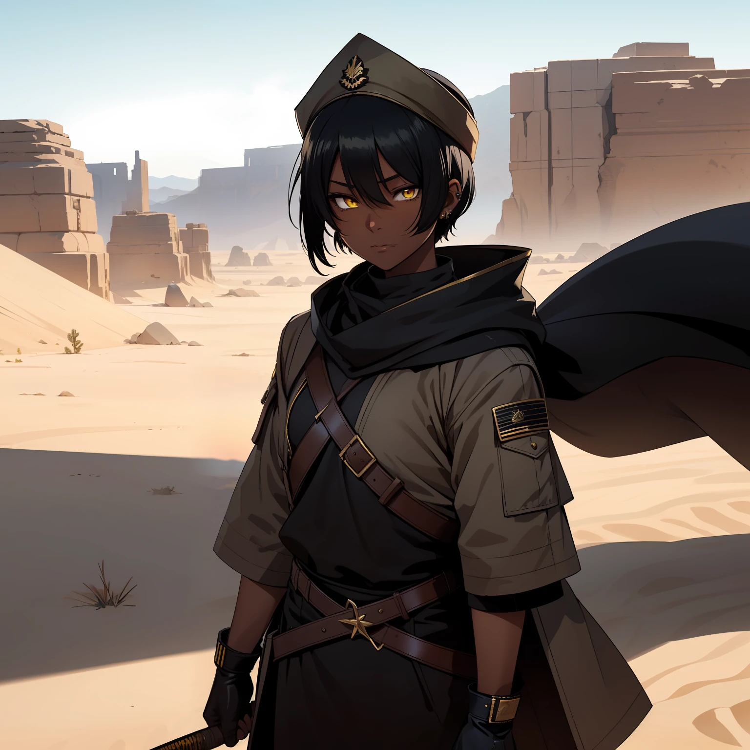 a 1girl, 独奏, dark-skin, Beautiful yellow eyes, Short Hair Hair, long bangs, Black hair, Tired Desert Gaze, hot weather, The sun is at its zenith, Without clouds, body piercings, bandana on the face, military cap on his head, gloves, soldier's cloak, High boots, The Perfect Picture.