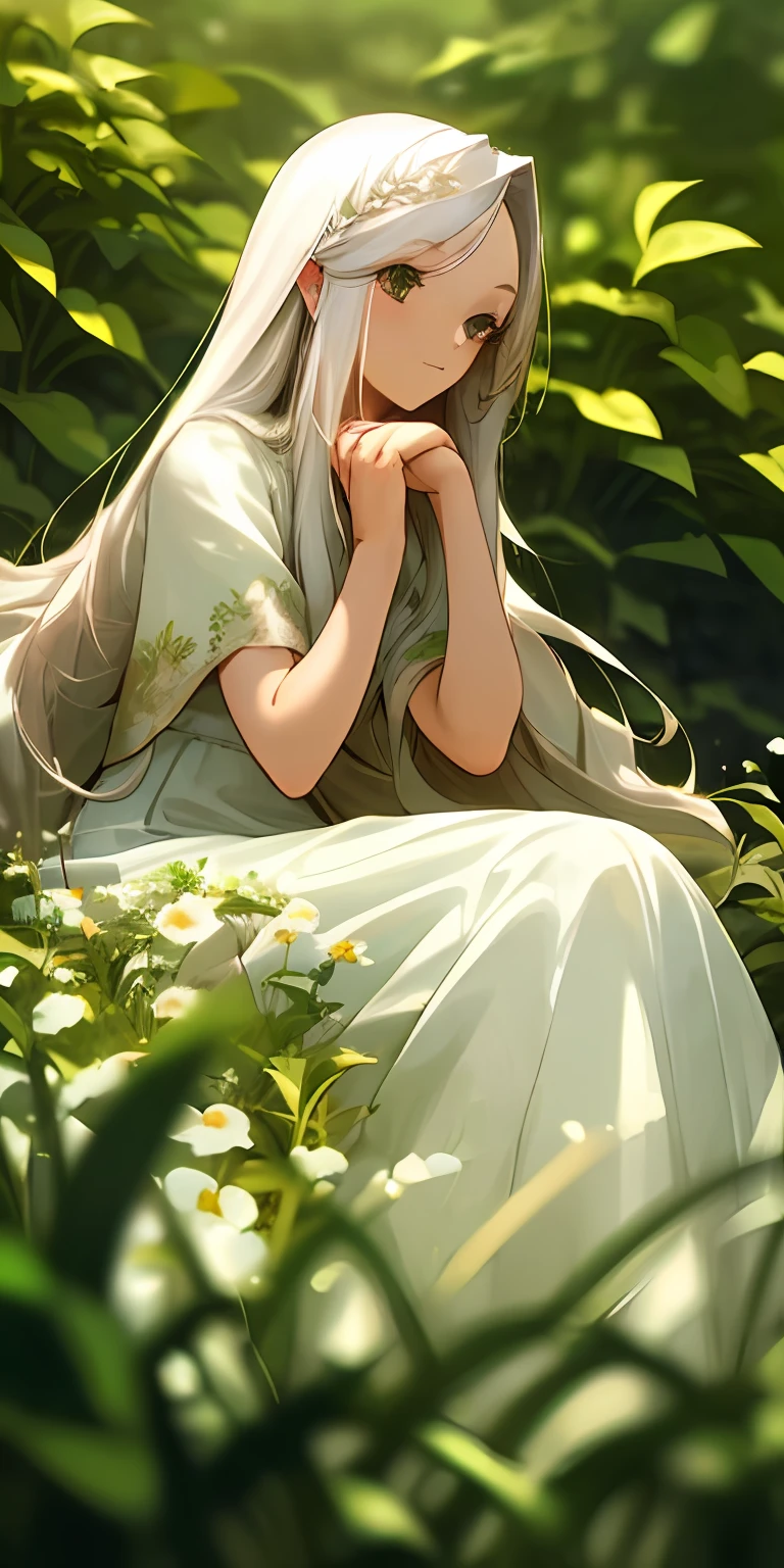 (masterpiece, best quality),1girl with long white hair sitting in a field of green plants and flowers, her hand under her chin, warm lighting, white dress, blurry foreground