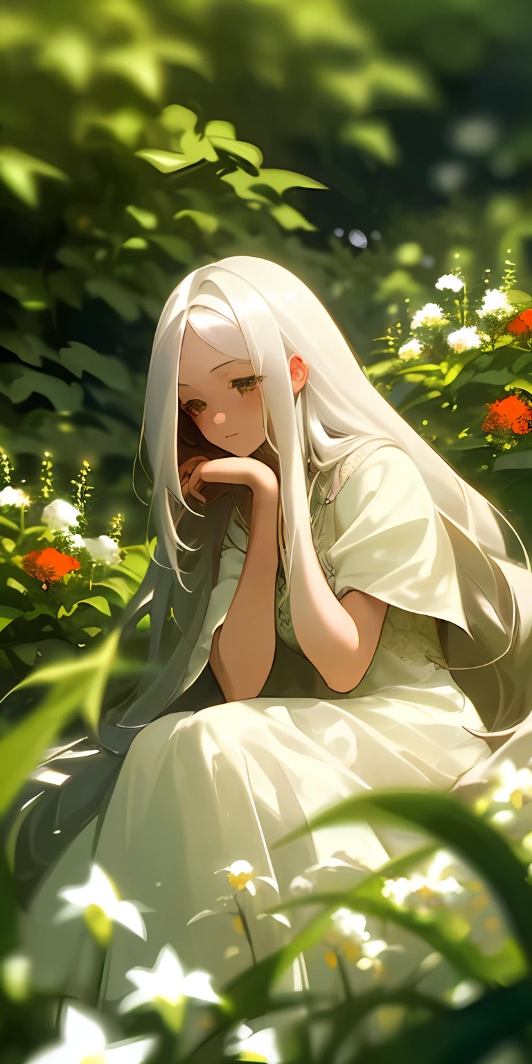 (masterpiece, best quality),1girl with long white hair sitting in a field of green plants and flowers, her hand under her chin, warm lighting, white dress, blurry foreground