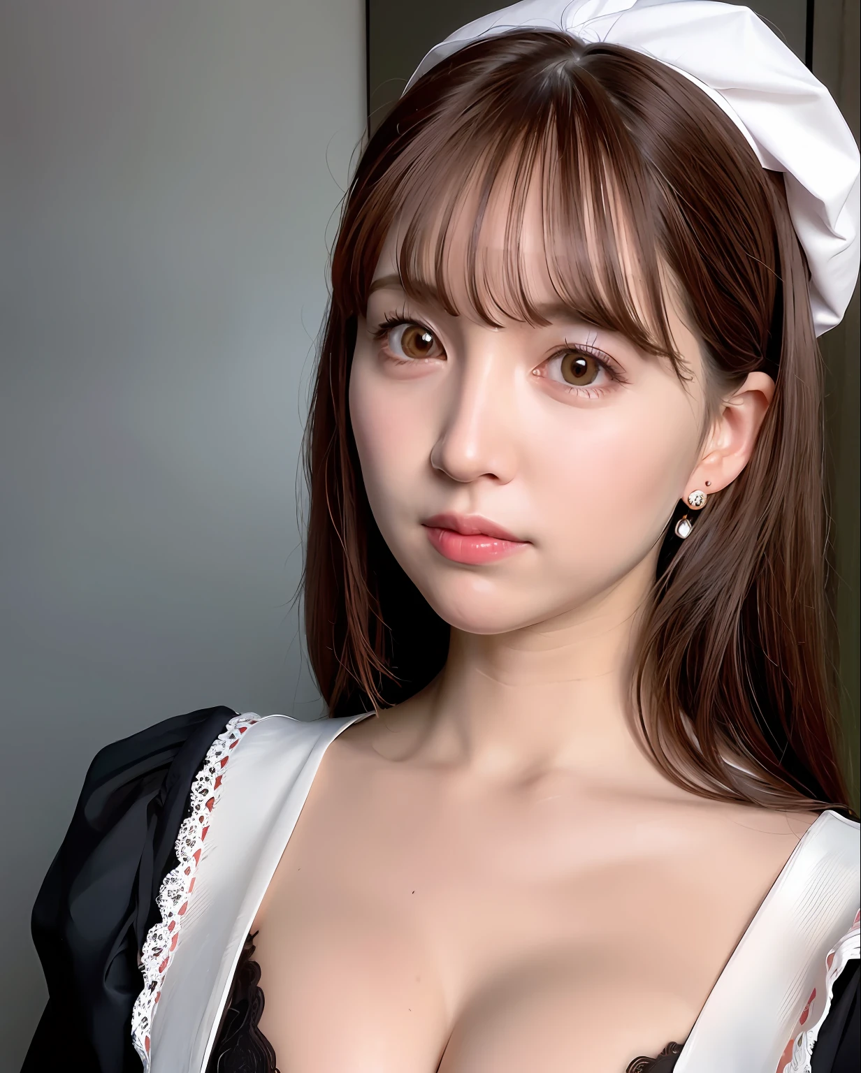 best quality, photorealistic, 8k, high res, 1girl, woman, (skindentation), (professional lighting), (portrait:0.6), (maid dress:1.897), gorgeous, ((brown hair)), (medium hair:1.6), (flowing hair:1.4), (1girl eyes looking at viewer:1), ((looking at viewer:1.6)), (1girl looking at the camera), photorealistic, (bokeh), (portait:0.6), (dynamic pose:1.2), masterpiece, intricate, realistic, sharp focus, award-winning photograph, sfw, (smile:1),