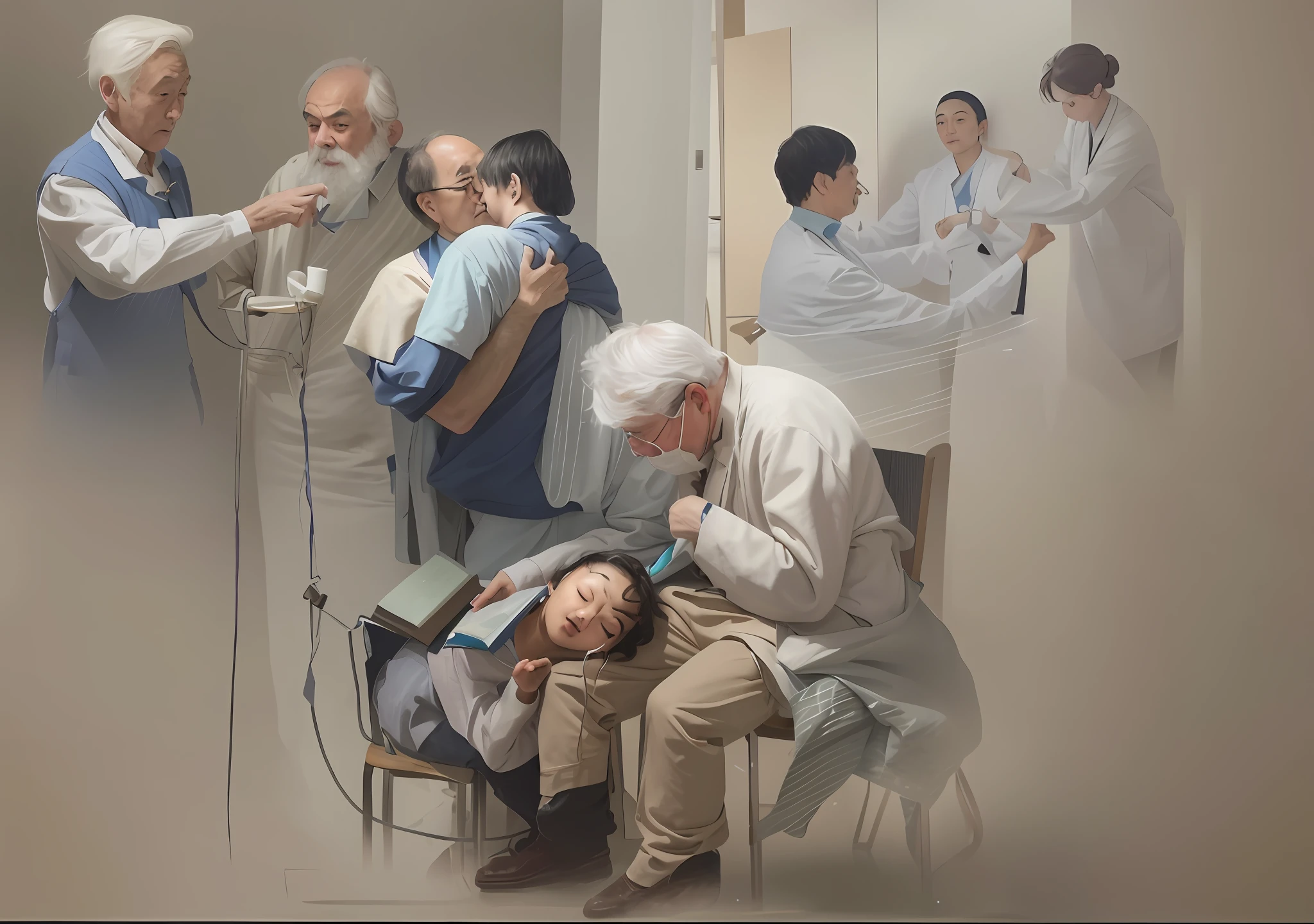 Character dynamics are expressed more clearly、More explicit，and harmonious，The painting consists of four sets of emotions。1.The doctor reads stories to the child who is receiving the infusion，The child fell asleep leaning on the doctor's lap。2.During the pandemic, The doctor takes meticulous care and care for the elderly，The real scene of the old man holding the doctor after being discharged。3.Scene of a doctor feeding a patient。4.Scene of a doctor presenting flowers to a patient who is about to be discharged。Character dynamics and harmonious adjustment，Impeccable，The content is clearer，More reasonable，Picture adjustment，The light source is uniform and clear，Classical oil painting，perfect works，Works of masters，oil painted，Oil on canva，Enrich the picture，photorealisti，Verism，The characters are dynamic perfect，The details are perfect，more clearly、More reasonable，The expressions of the characters are more perfect，and harmonious，Adjust dynamics，Content rational，Clear details，realisticlying，Realistis，More natural，Content harmony