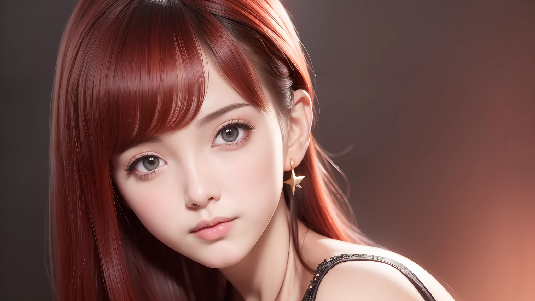 ridiculous, 1 girl, starry eyes, blush, (reality:1.5), (masterpiece, extremely detailed CG Unity 8k wallpaper, best quality, high resolution: 1.2), (ultra_detailed, UHD:1.2), (pixels:1.3), perfect lighting, unique, (beautiful girl:1.2), looking at the audience, unreal engine, side light, perfect face, detailed face, beautiful eyes, pretty face, (bright skin: 1.3), idol, (abs), ulzzang-6500-v1.1, soft smile, upper body, (crimson hair), (simple background), ((dark background)), (depth of field), close-up, selfie