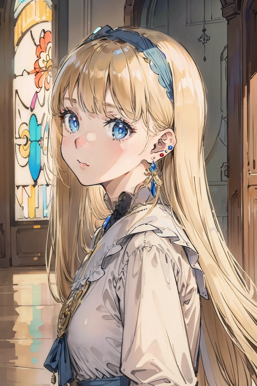 (masterpiece), (illustration), (best quality:1.3), absurdres, highres, BREAK one girl, from side,looking at viewer, flirtatious glance BREAK Create an artwork in the style of stained glass, with vibrant colors, intricate patterns, and a sense of light and transparency., accurate ???????, indoor, (very cute girl, face focus:1.4), barrette, blue eyes BREAK long (blond) hair, earrings, dynamic pose,