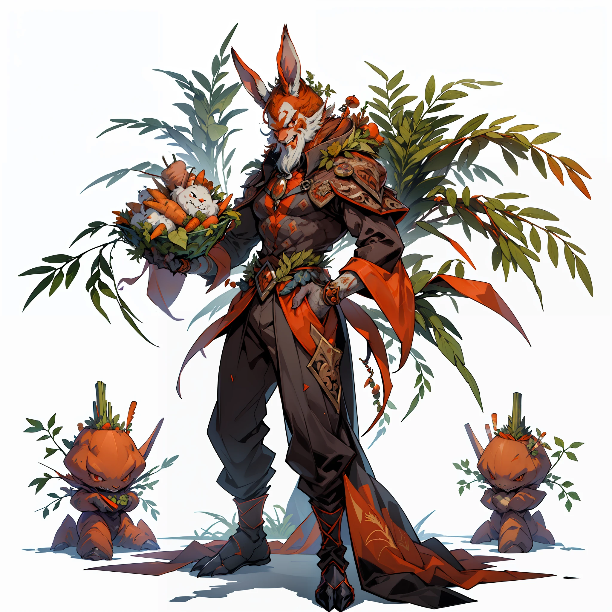 ((top-quality))、((tmasterpiece))、((Full body photo of a man))、((very simple background))、(Game character design)、Carrot anthropomorphic monster、monster design,soloist,(Leaves and carrots blend in with the body design,Carrot side dish)、Cartoony、Beastman、Ornaments with carrot motifs,独奏、Fighting posture