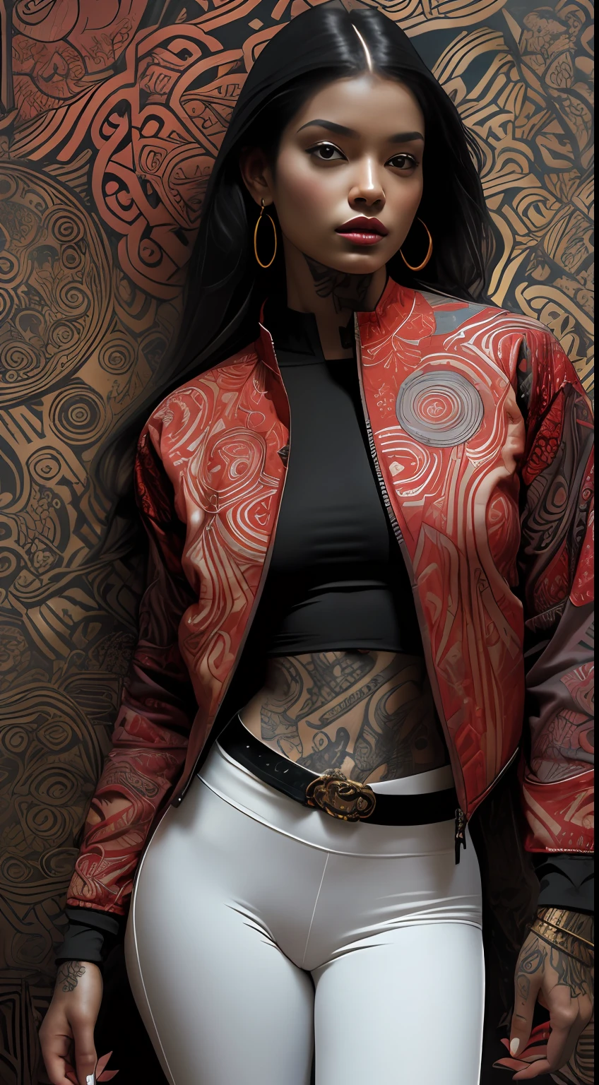Textures: 1.5, gold: 1.1, white: 1.3, red: 1.3, 1girl, sexy, tattoos, voluptuous, exotics, erotic, (power puffer clothes: 1.2), 3d graffitti, abstract, lines, (batik), background circles, by Adam Hughes, art by Jay Anacleto