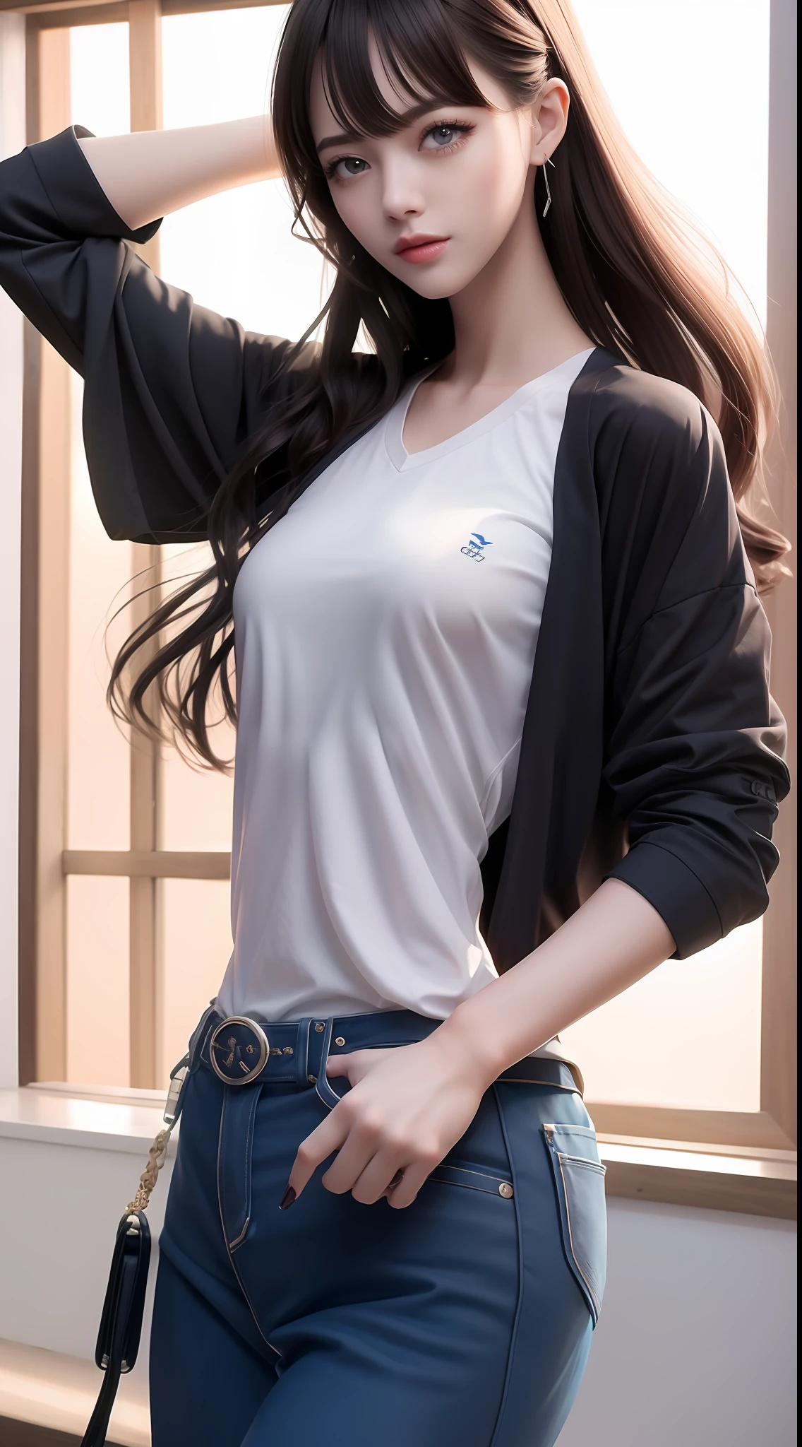 4k ultra hd, masterpiece, very high quality, a girl, age 20 years old girl, good face, smooth face, detailed eyes, beautiful hair, very long hair, hair band, cute look, modern dress, black shirt, black jeans, morning background, buildings, sun lights, clear weather, stylish looking,